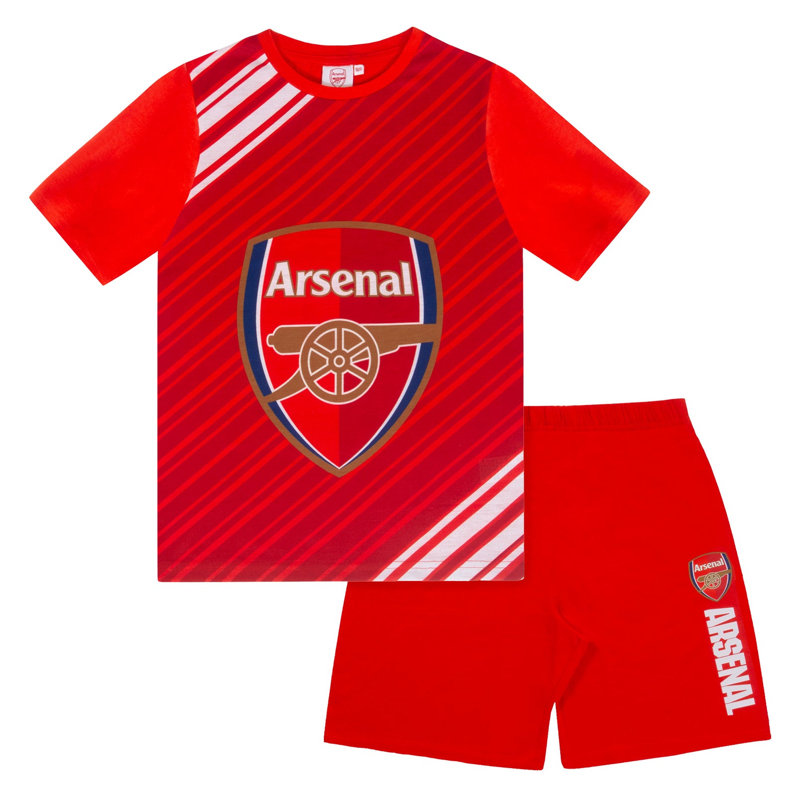 Arsenal kids pyjamas. Short sleeve top in red with large graphic Arsenal club crest and pyjama shorts in red with club crest and text to the left leg