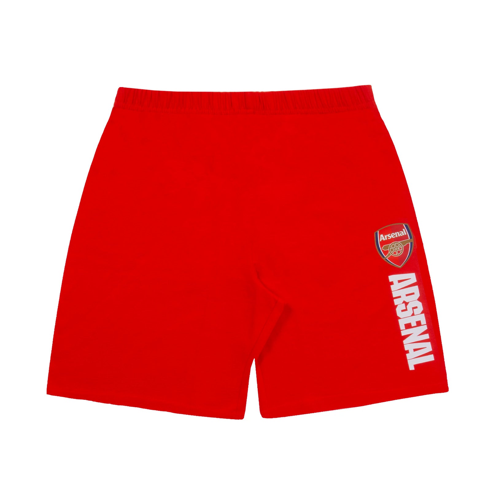 Arsenal kids pyjamas. Short sleeve top in red with large graphic Arsenal club crest and pyjama shorts in red with club crest and text to the left leg