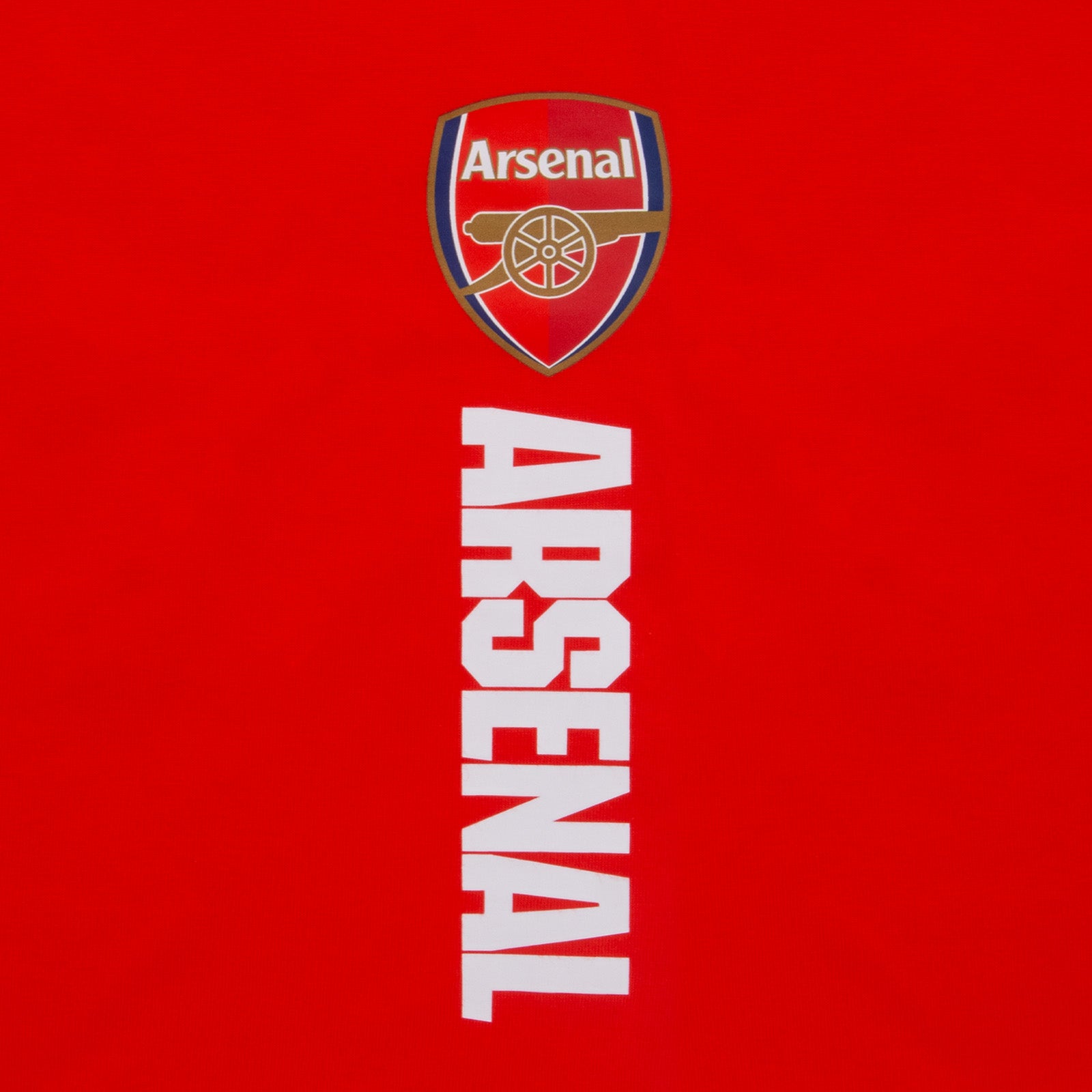 Arsenal kids pyjamas. Short sleeve top in red with large graphic Arsenal club crest and pyjama shorts in red with club crest and text to the left leg