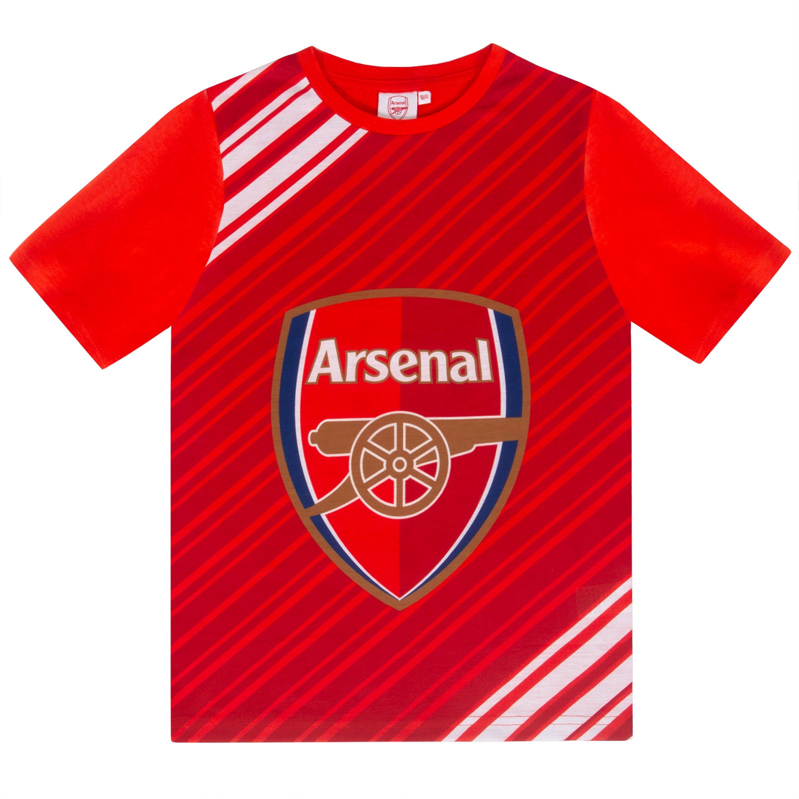 Arsenal kids pyjamas. Short sleeve top in red with large graphic Arsenal club crest and pyjama shorts in red with club crest and text to the left leg