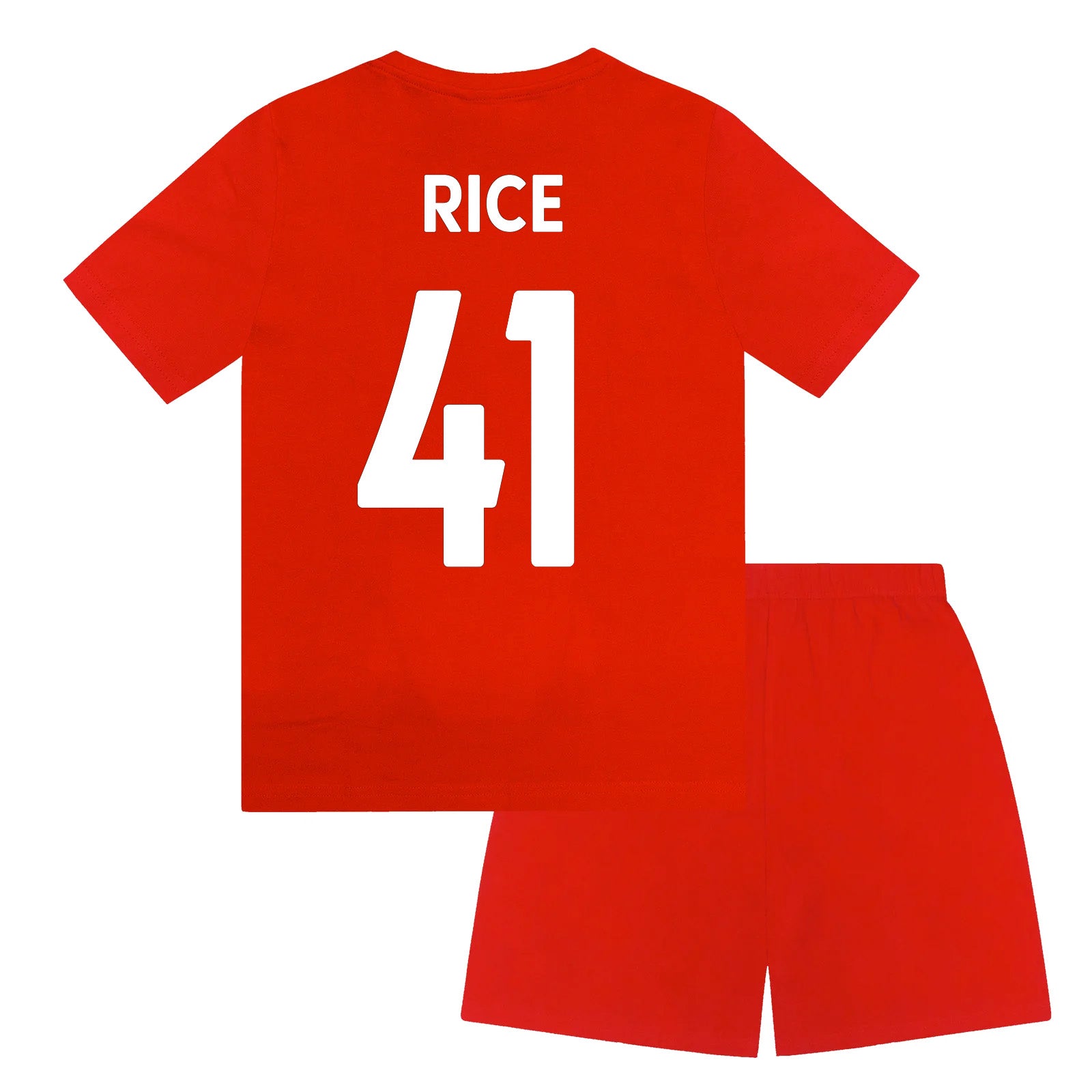 Arsenal kids pyjamas. Short sleeve top in red with large graphic Arsenal club crest and pyjama shorts in red with club crest and text to the left leg