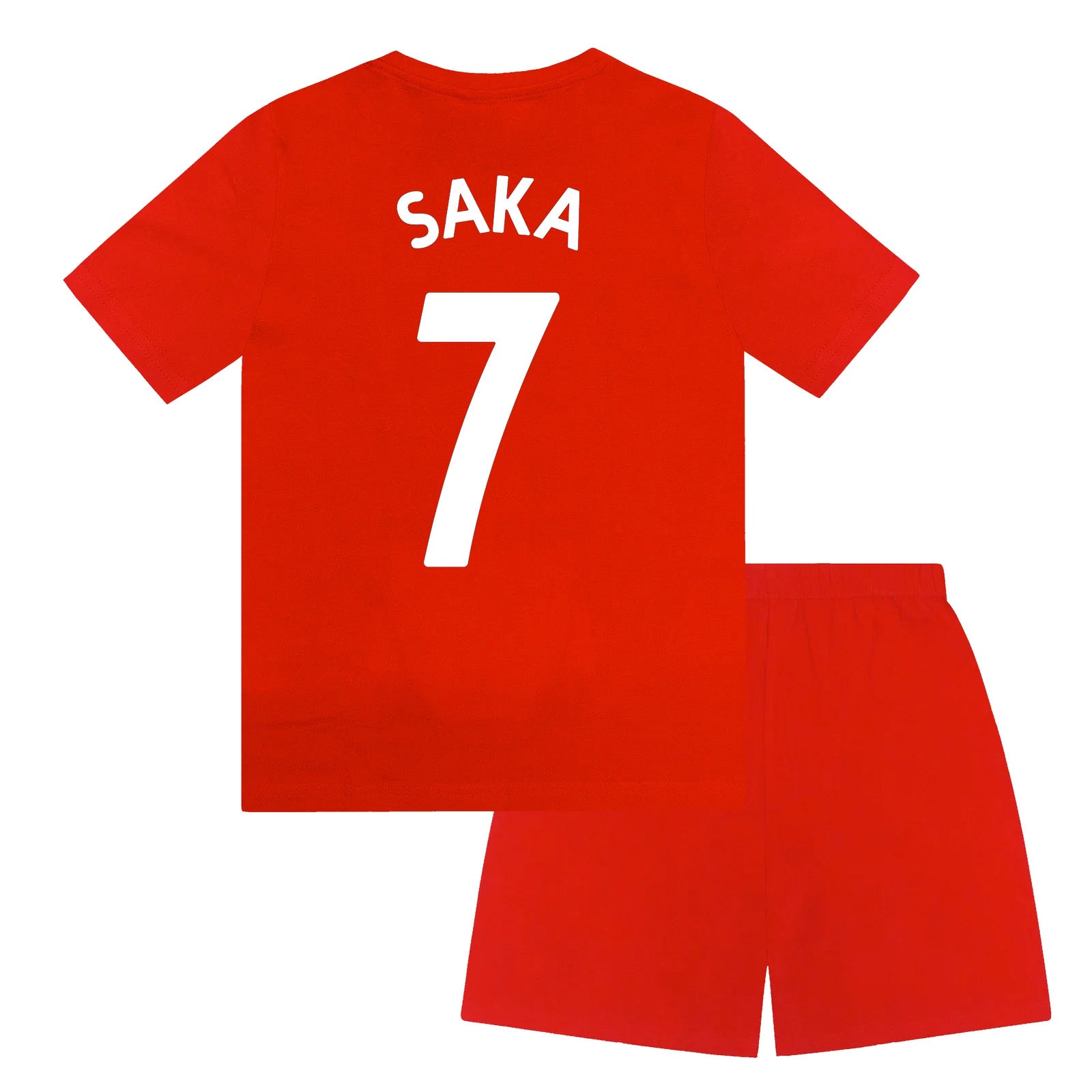 Arsenal kids pyjamas. Short sleeve top in red with large graphic Arsenal club crest and pyjama shorts in red with club crest and text to the left leg