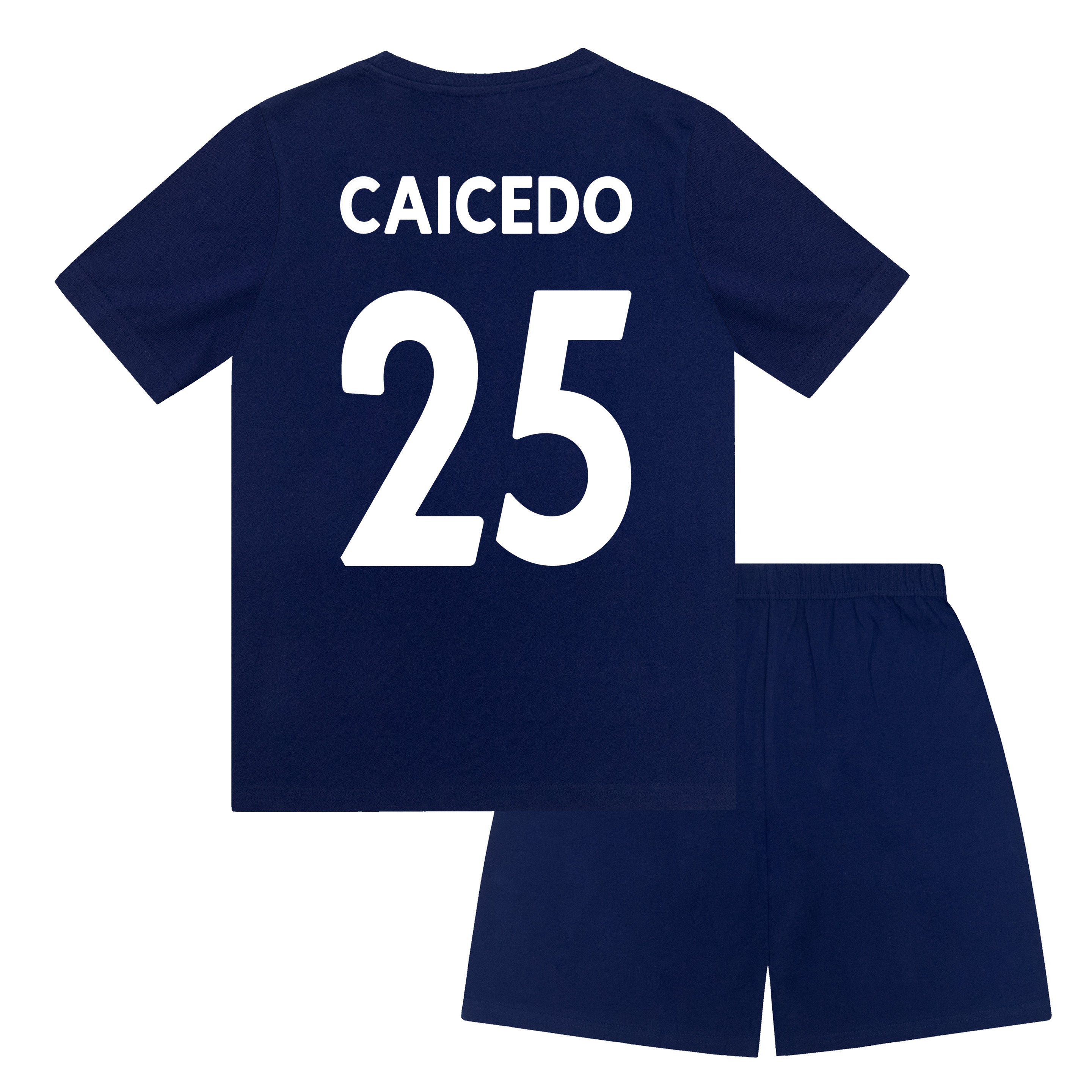Chelsea kids pyjamas in blue. Short sleeve top with Chelsea branded graphic and shorts with CFC logo to the left leg