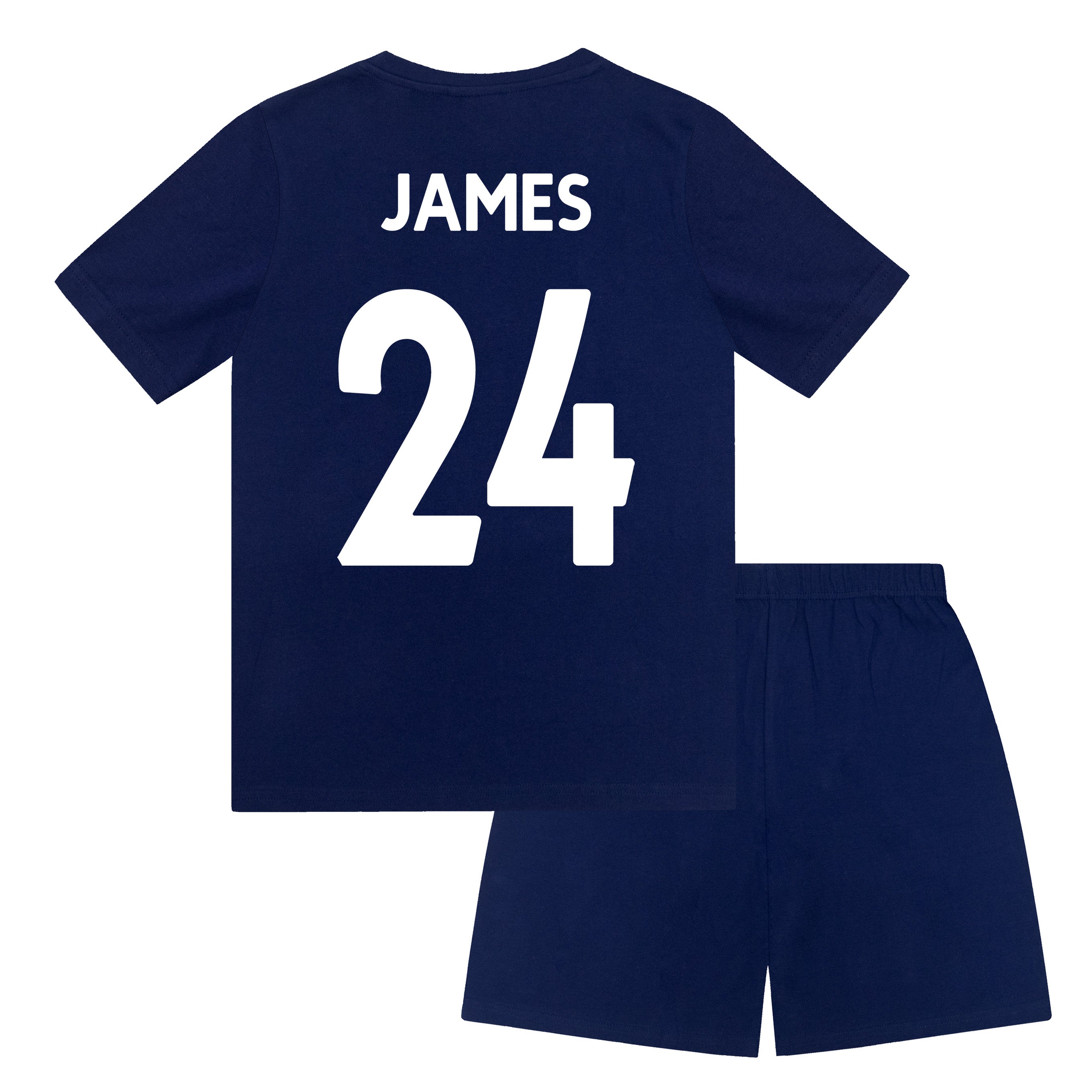 Chelsea kids pyjamas in blue. Short sleeve top with Chelsea branded graphic and shorts with CFC logo to the left leg