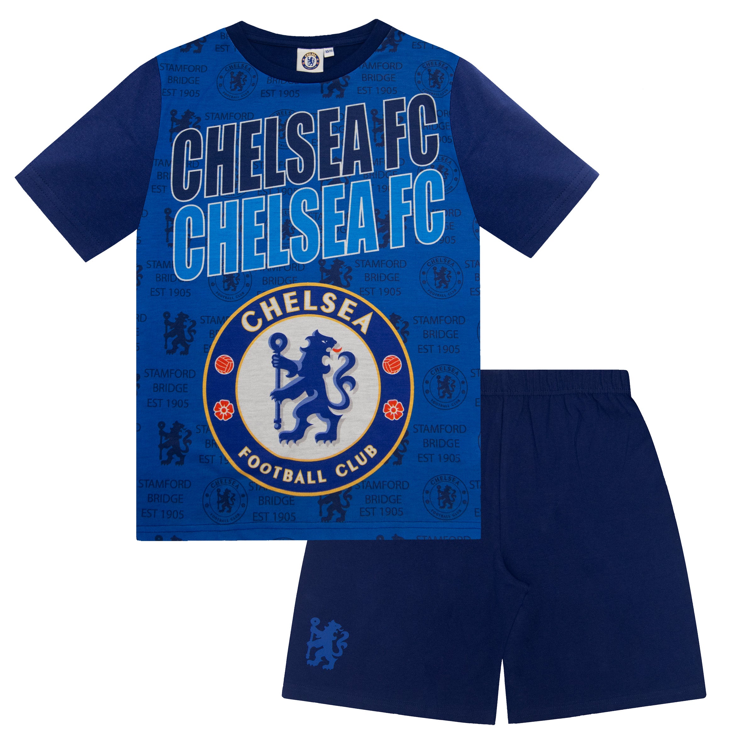 Chelsea kids pyjamas in blue. Short sleeve top with Chelsea branded graphic and shorts with CFC logo to the left leg