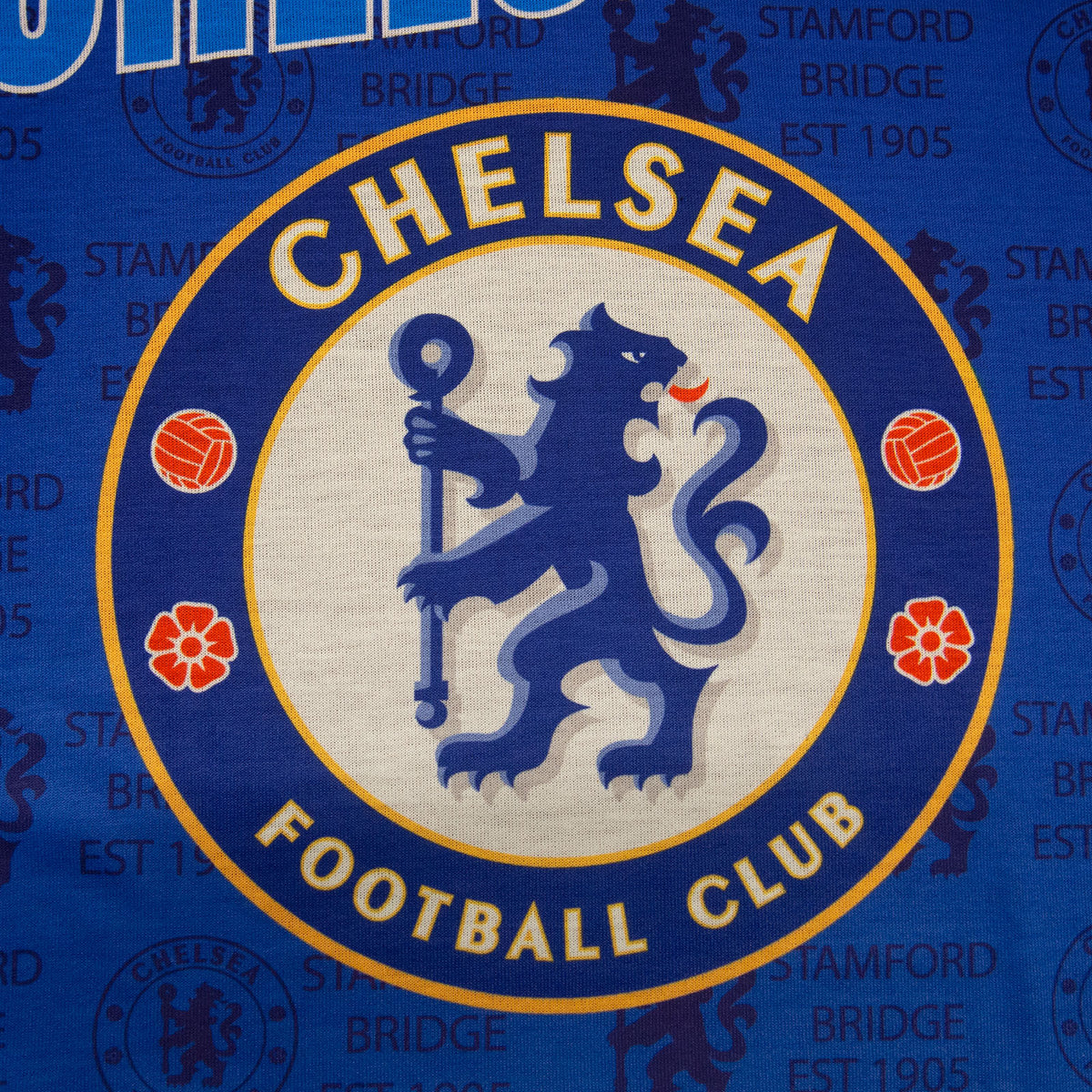 Chelsea kids pyjamas in blue. Short sleeve top with Chelsea branded graphic and shorts with CFC logo to the left leg