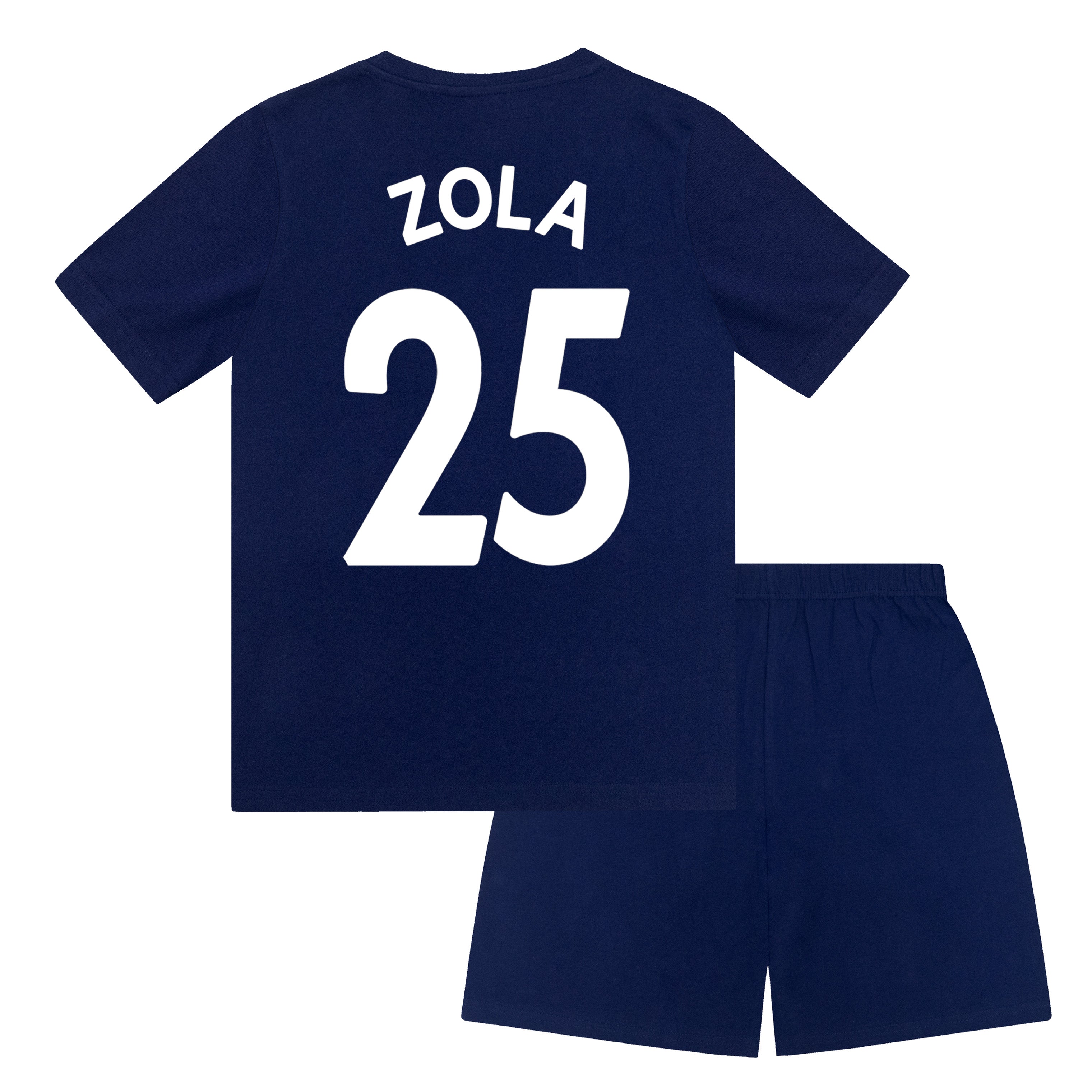 Chelsea kids pyjamas in blue. Short sleeve top with Chelsea branded graphic and shorts with CFC logo to the left leg