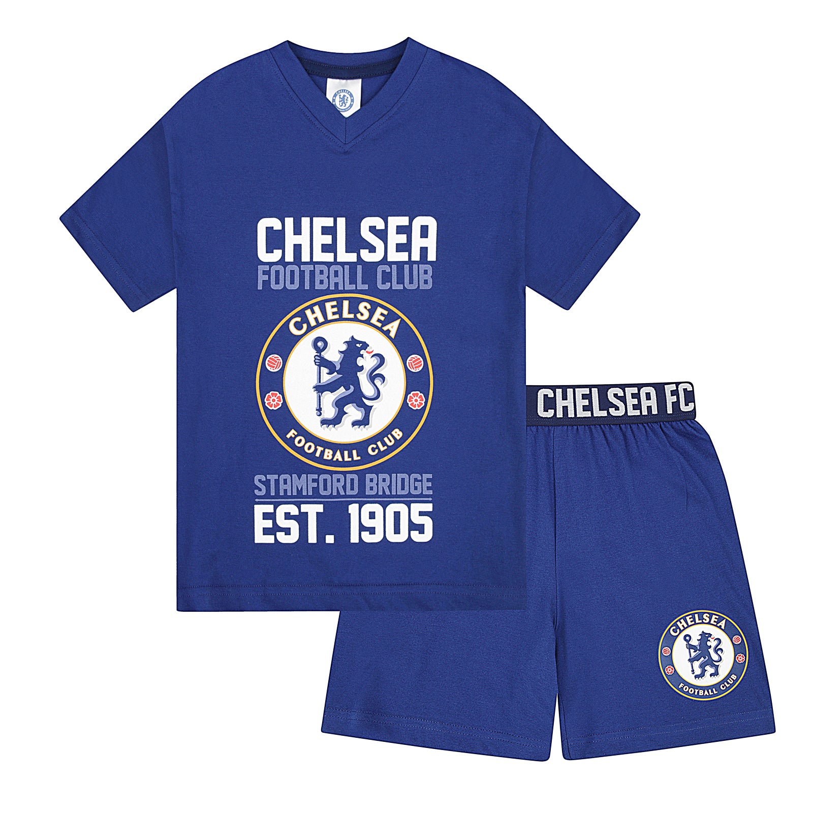 Chelsea kids pyjamas in blue. Short sleeve top with Chelsea branded graphic and shorts with CFC logo to the left leg