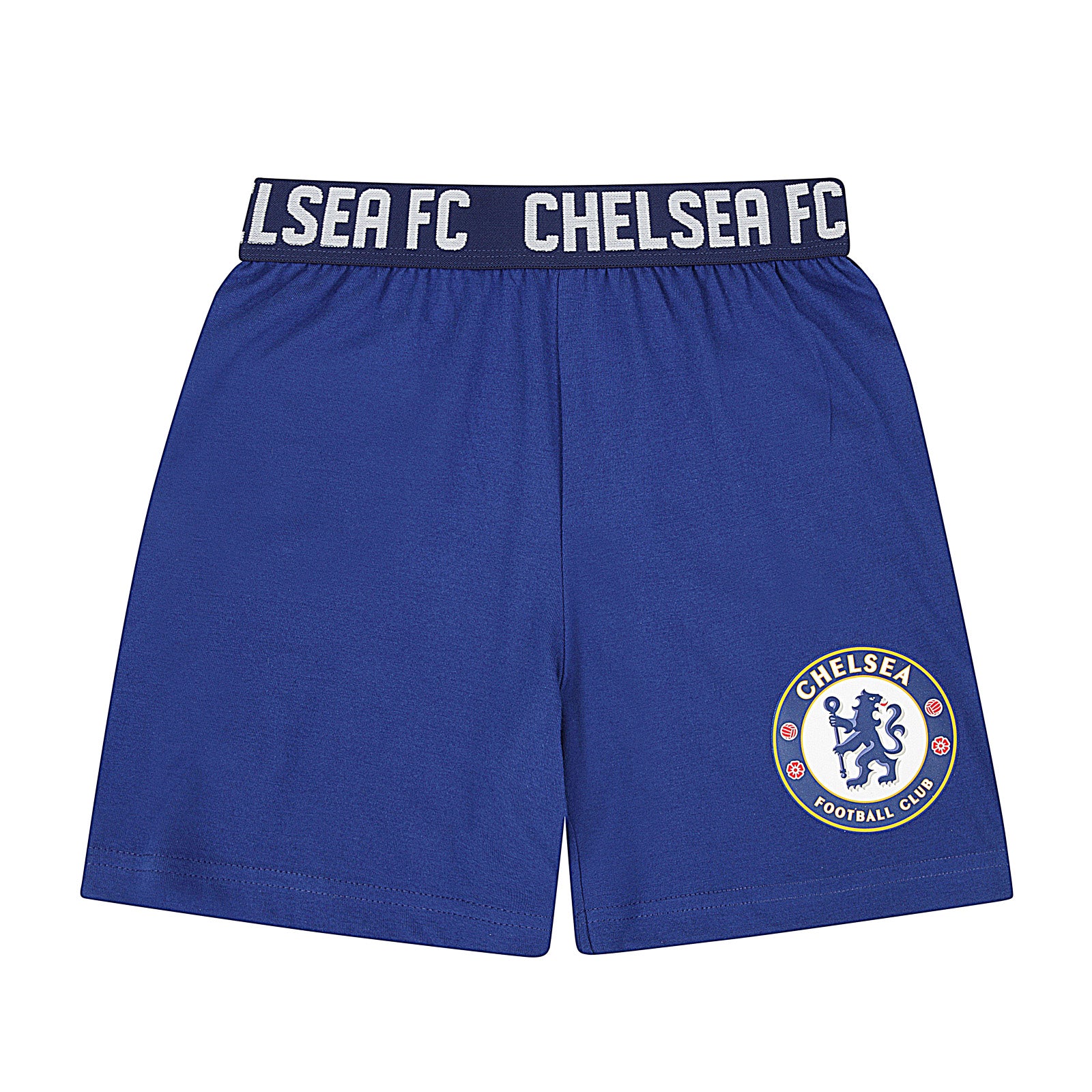 Chelsea kids pyjamas in blue. Short sleeve top with Chelsea branded graphic and shorts with CFC logo to the left leg
