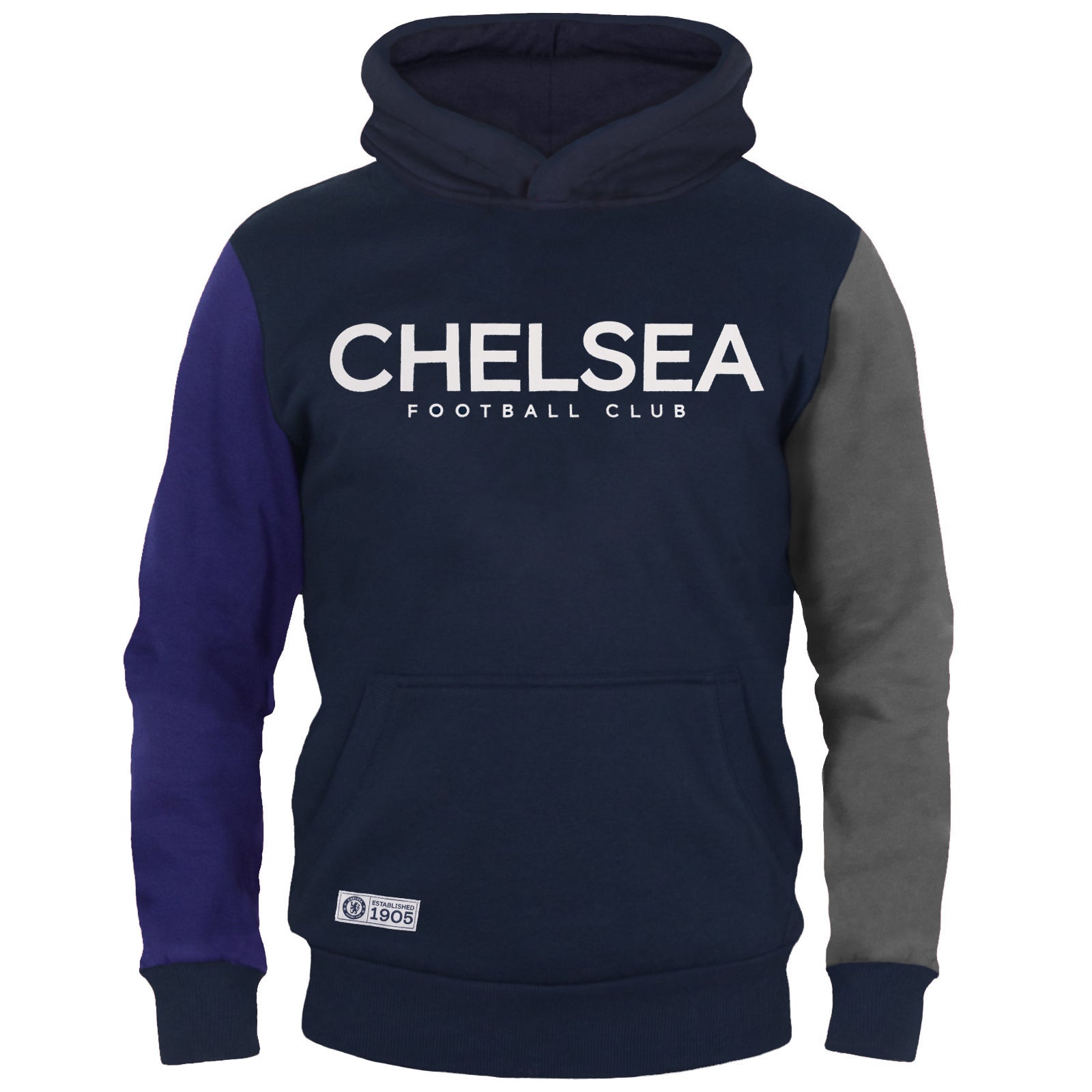 Chelsea kids hoodie in blue with contrast sleeve with the club crest & text print to front.