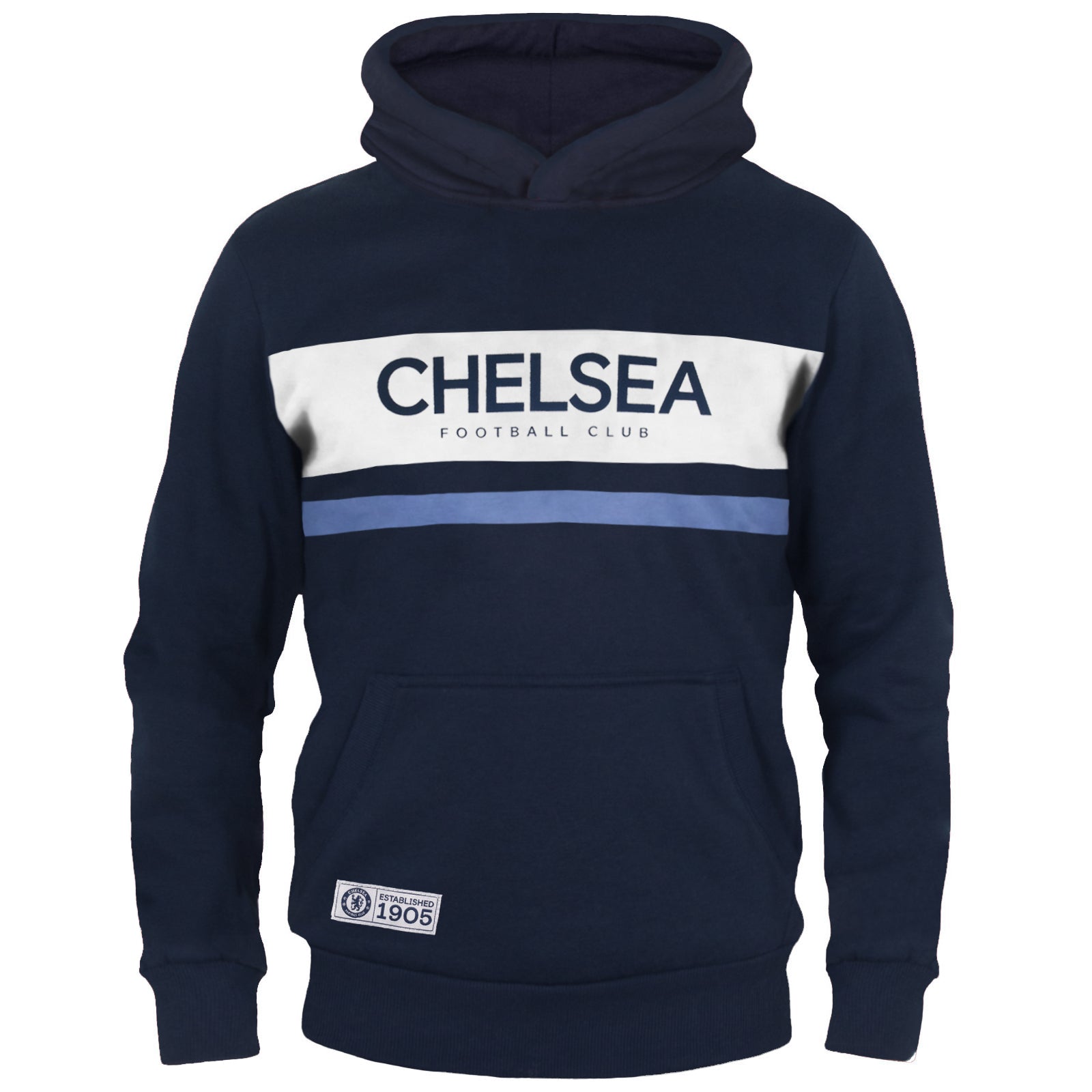 Chelsea kids hoodie in blue with white stripe with the club crest & text print to front.