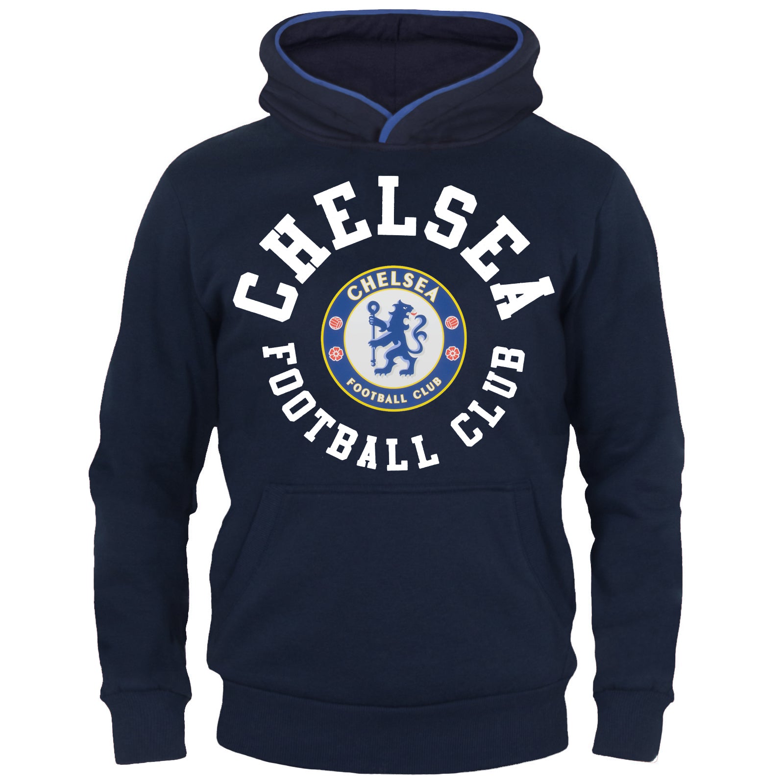 Chelsea kids hoodie in navy blue with the club crest & text print to front.