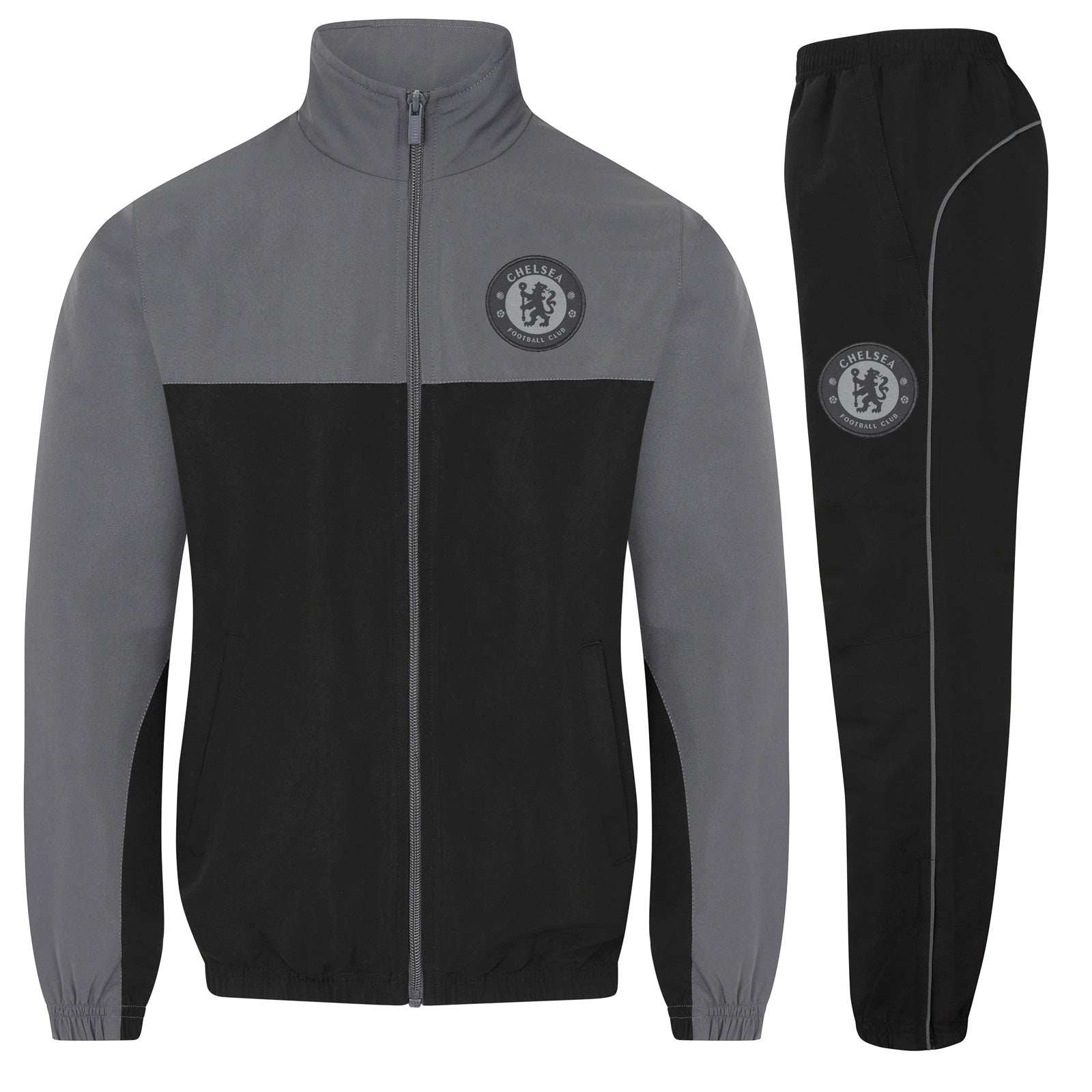 Chelsea kids tracksuit in grey with club crest to chest and left thigh
