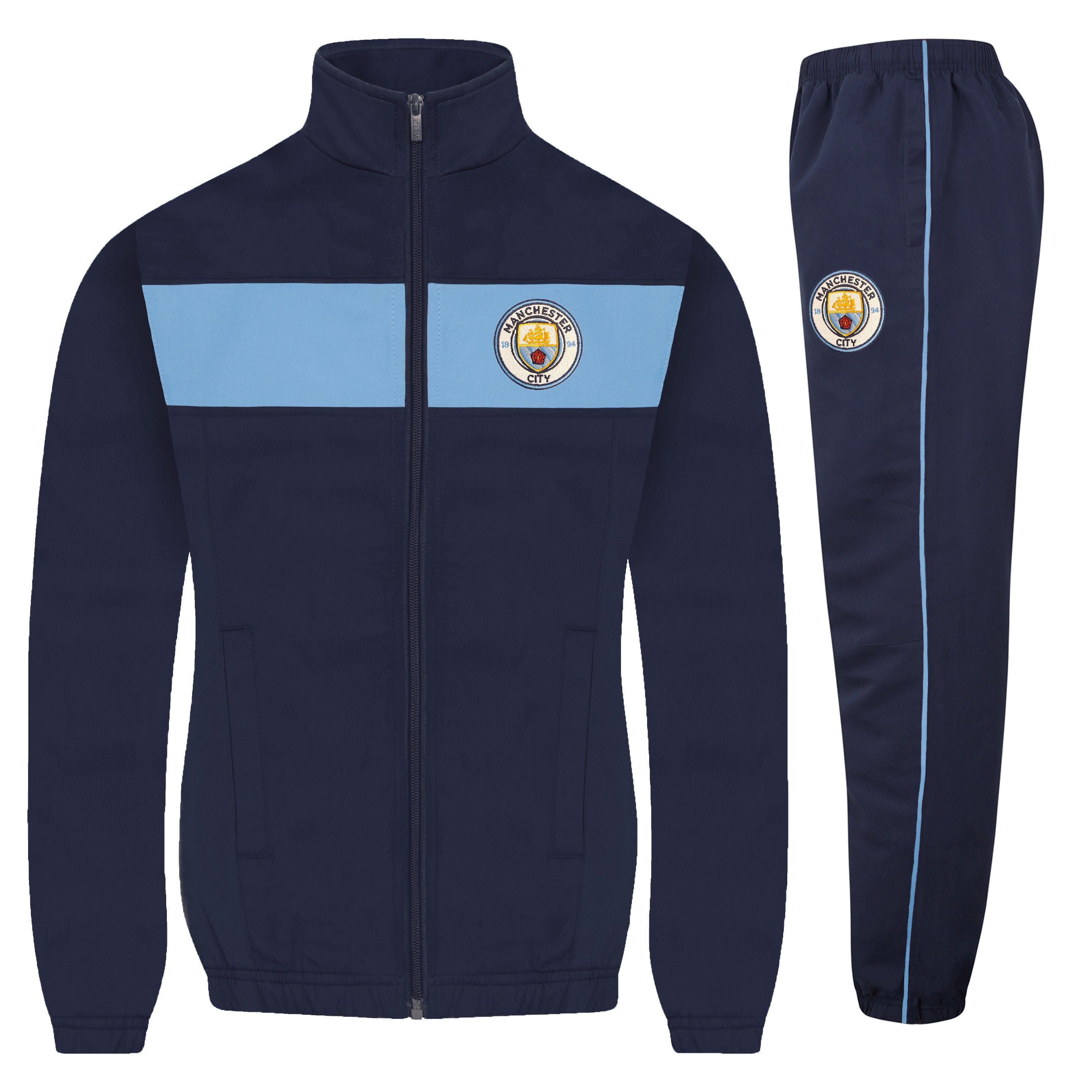 Man City kids tracksuit in navy & sky blue with club crest to chest and left thigh