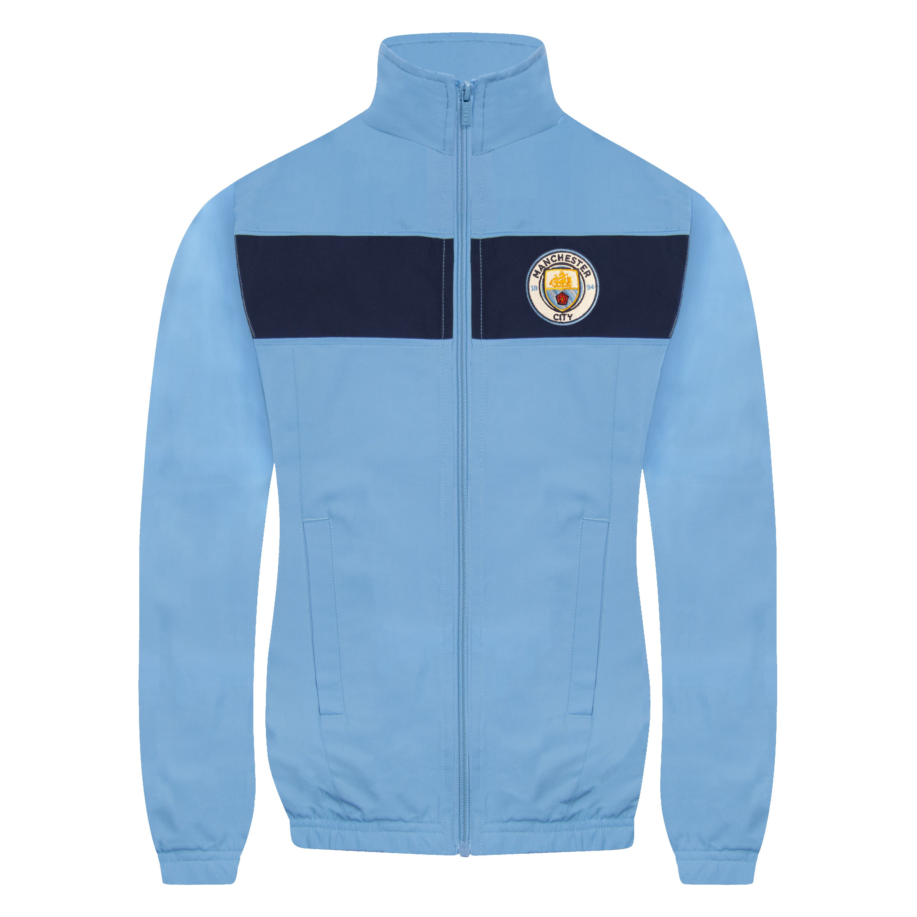 Man City kids tracksuit in navy blue with club crest to chest and left thigh
