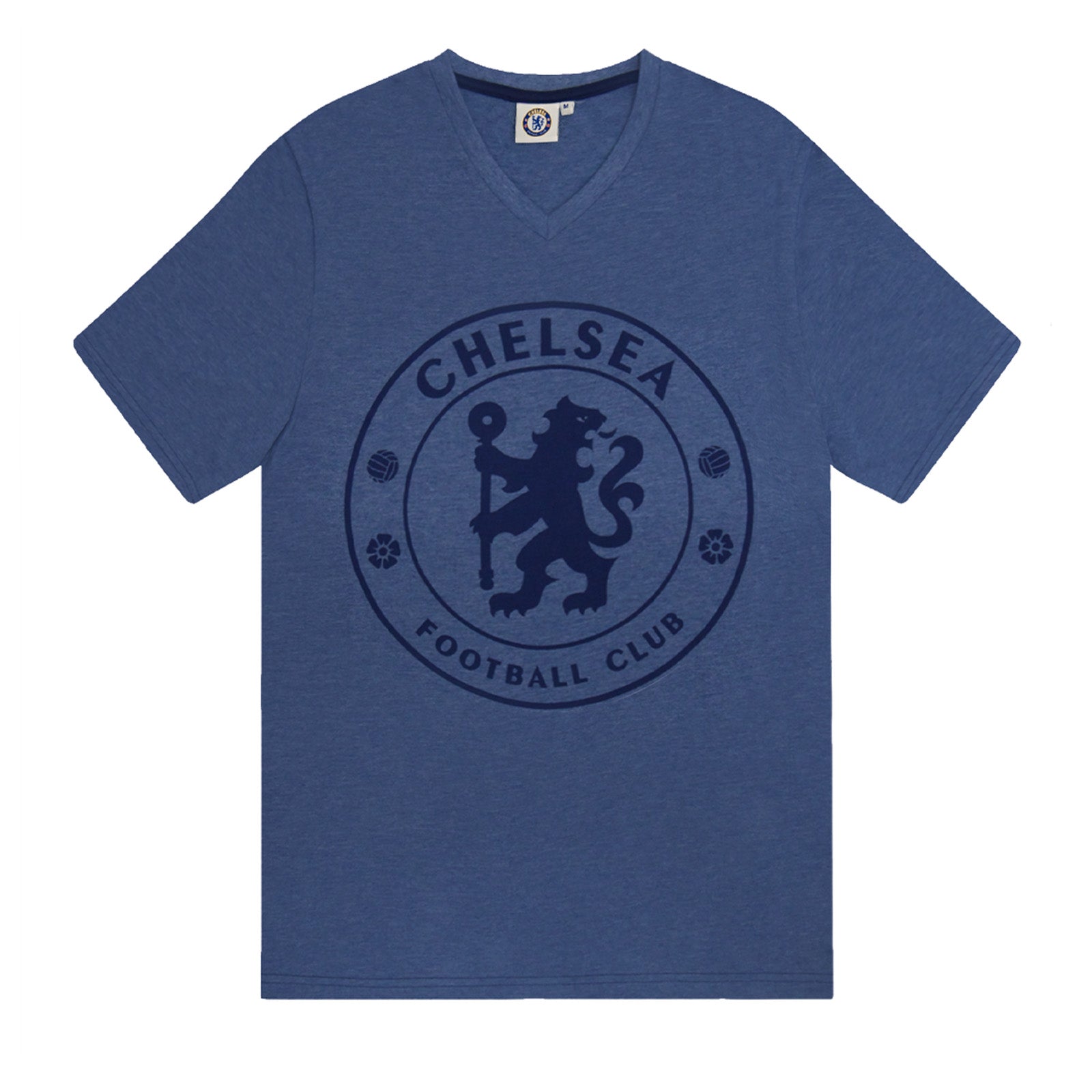 Chelsea adults pyjamas in blue marl. Short sleeve top with a CFC branded graphic and pyjama shorts with CFC logo to the left leg.