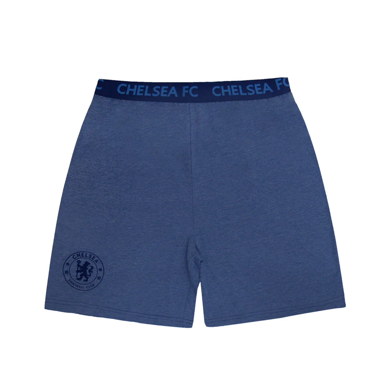 Chelsea adults pyjamas in blue marl. Short sleeve top with a CFC branded graphic and pyjama shorts with CFC logo to the left leg.