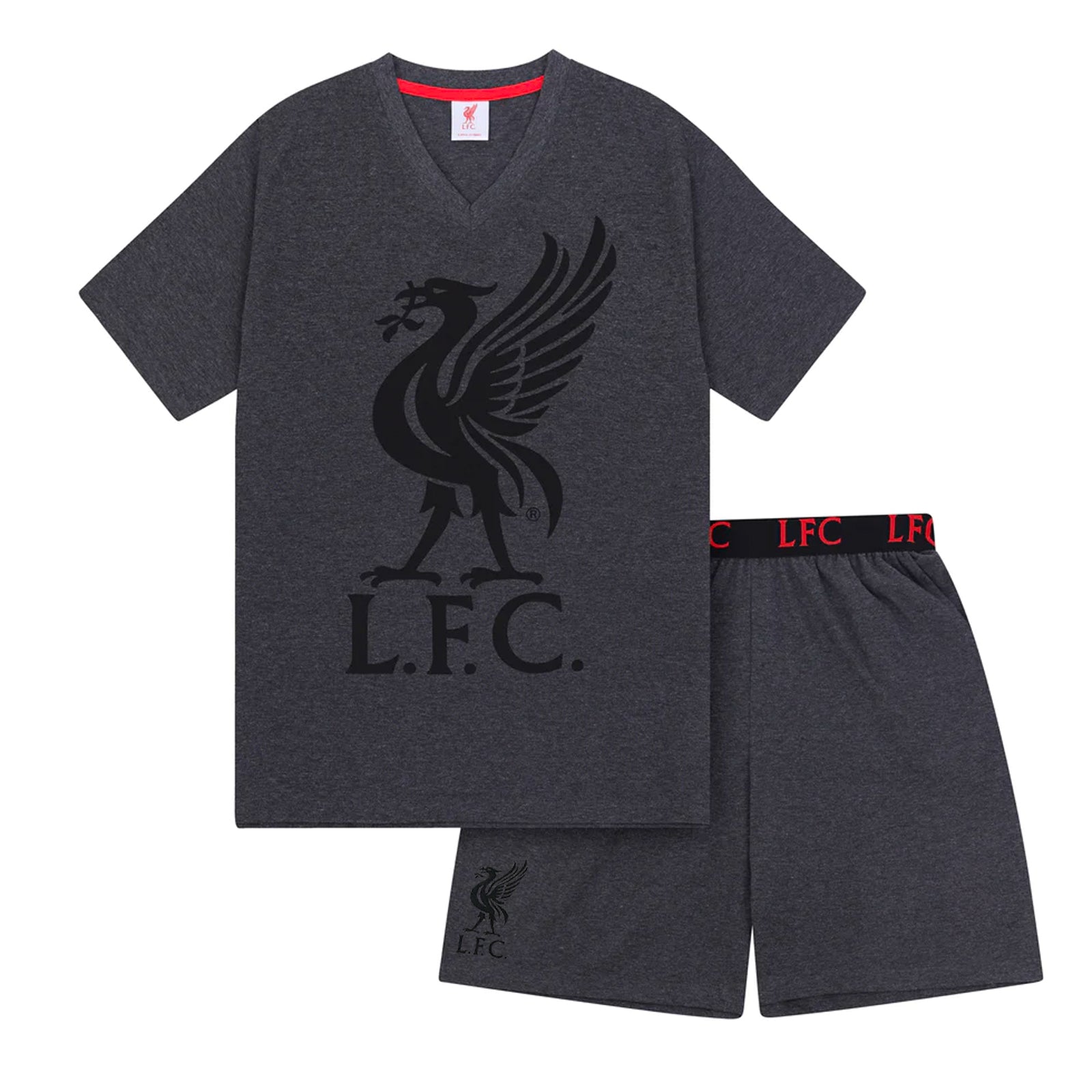 Liverpool adults pyjamas in grey. Short sleeve top with graphic and shorts with logo to the left leg.