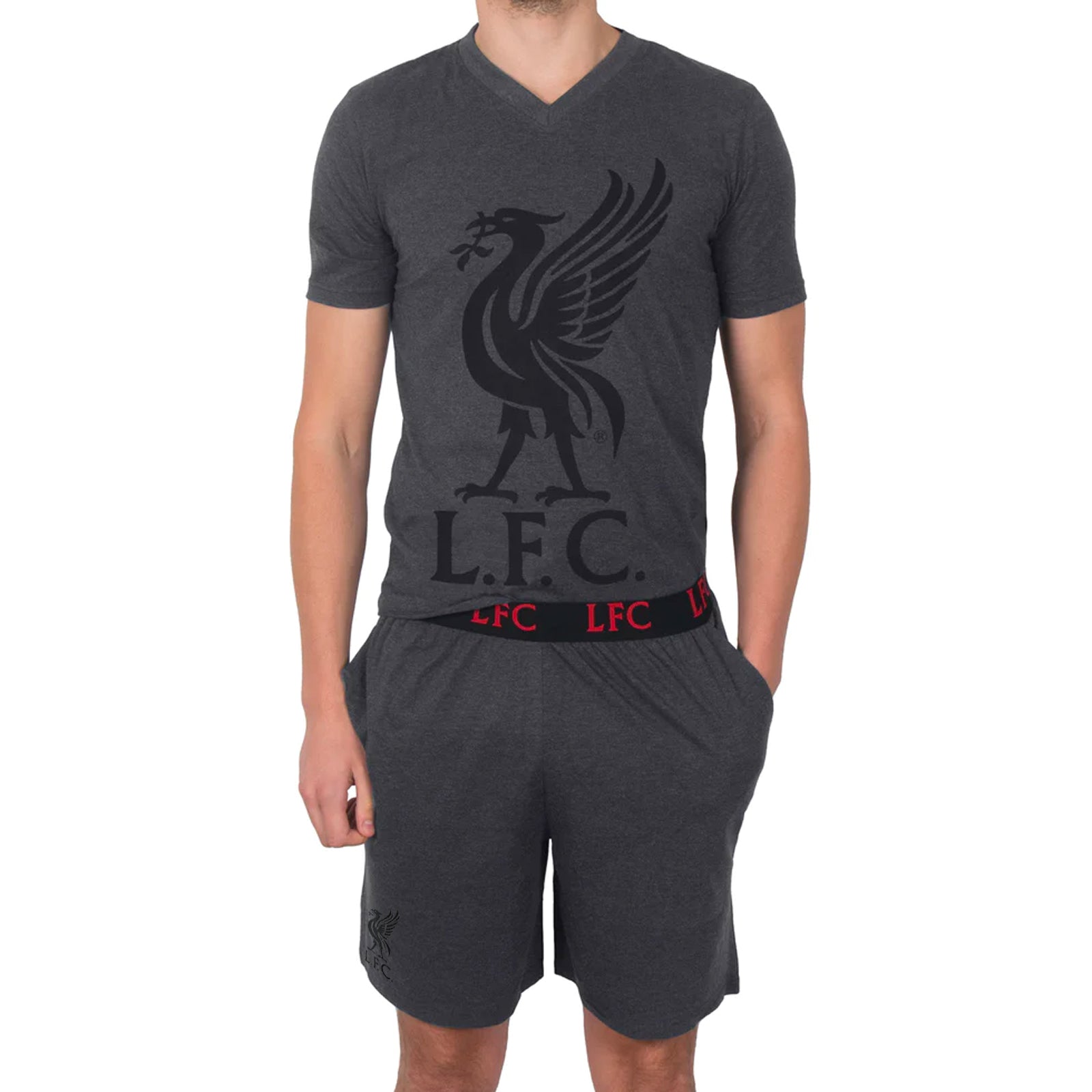 Liverpool adults pyjamas in grey. Short sleeve top with graphic and shorts with logo to the left leg.