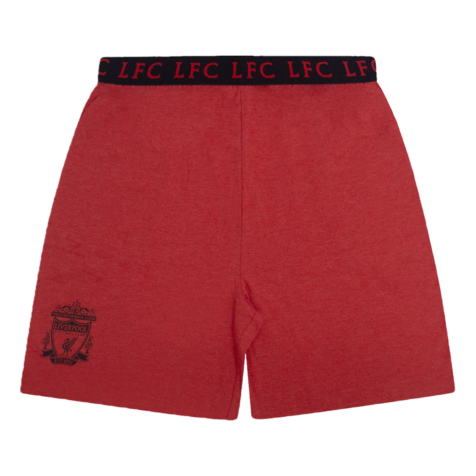 Liverpool adults pyjamas in red marl. Short sleeve top with graphic and shorts with logo to the left leg.