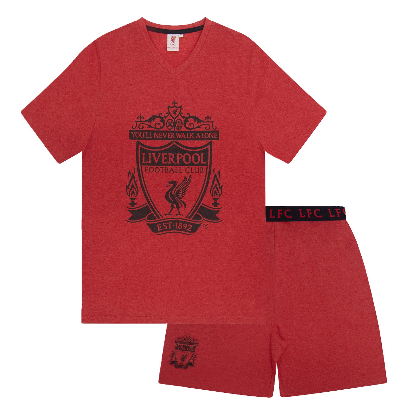 Liverpool adults pyjamas in red marl. Short sleeve top with graphic and shorts with logo to the left leg.