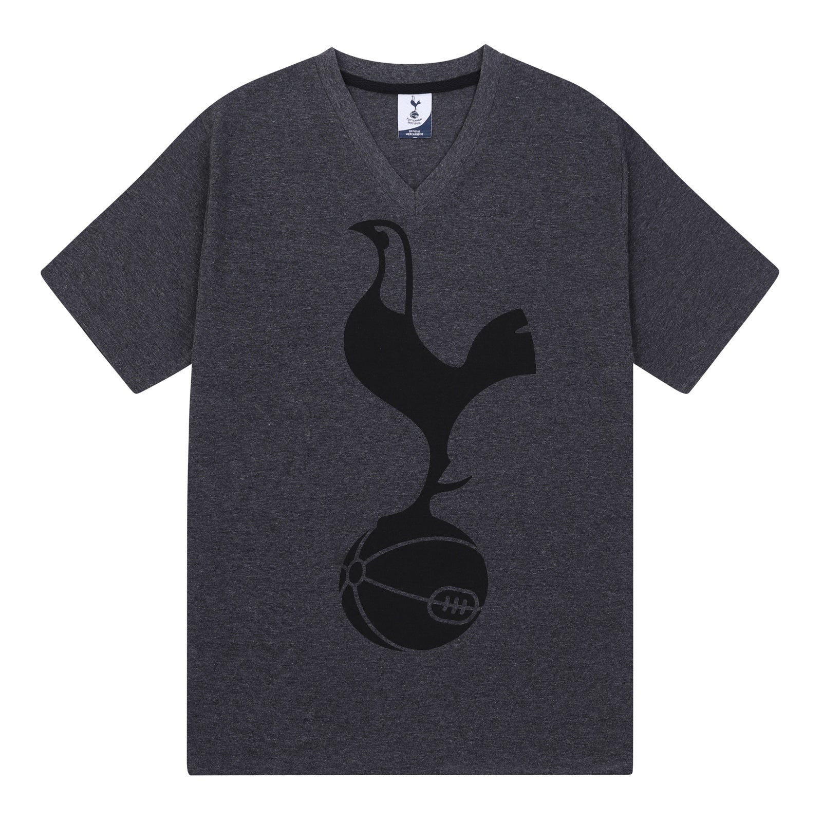 Spurs adults short pyjama set in grey with a short sleeve t-shirt & graphic and shorts with logo to the left leg.
