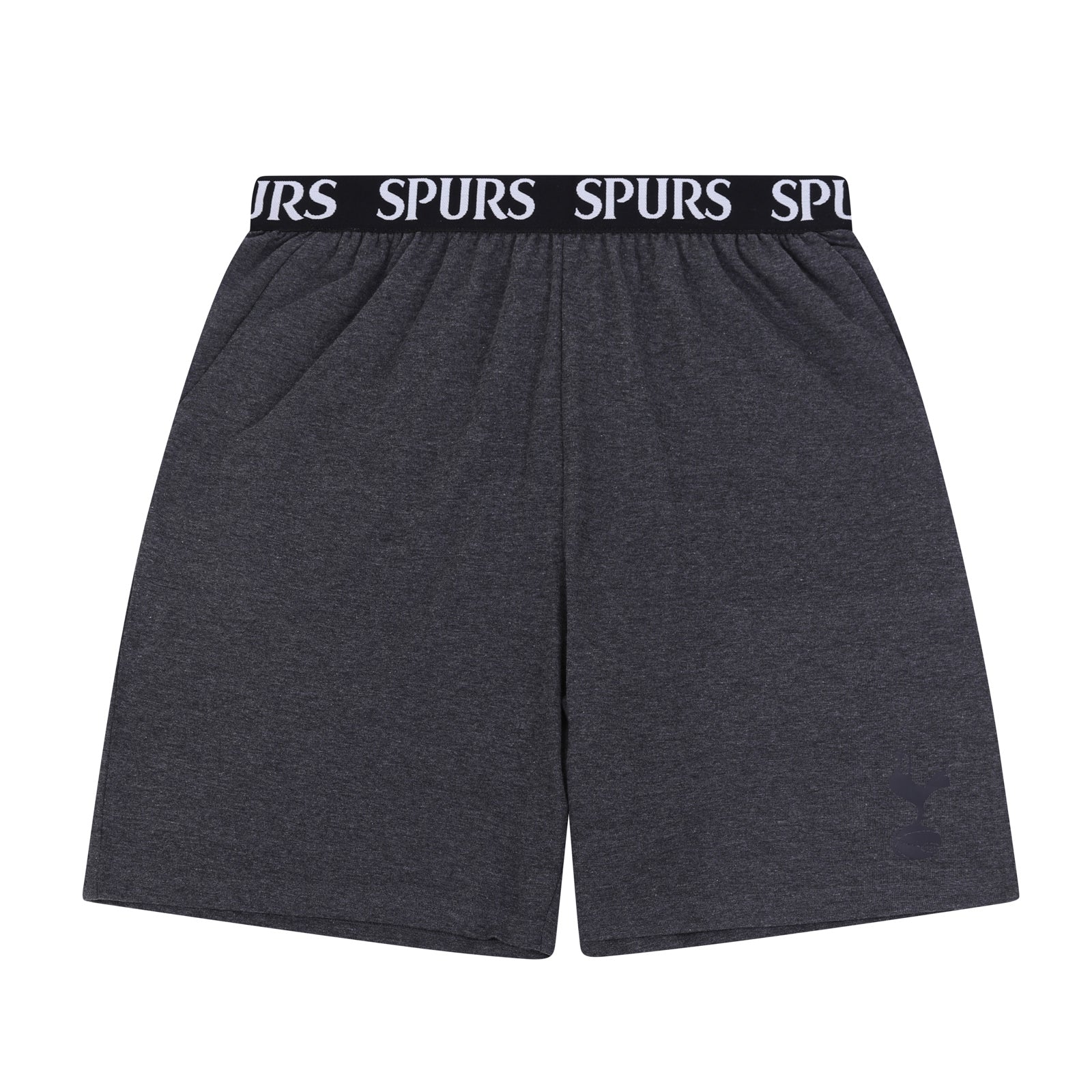 Spurs adults short pyjama set in grey with a short sleeve t-shirt & graphic and shorts with logo to the left leg.