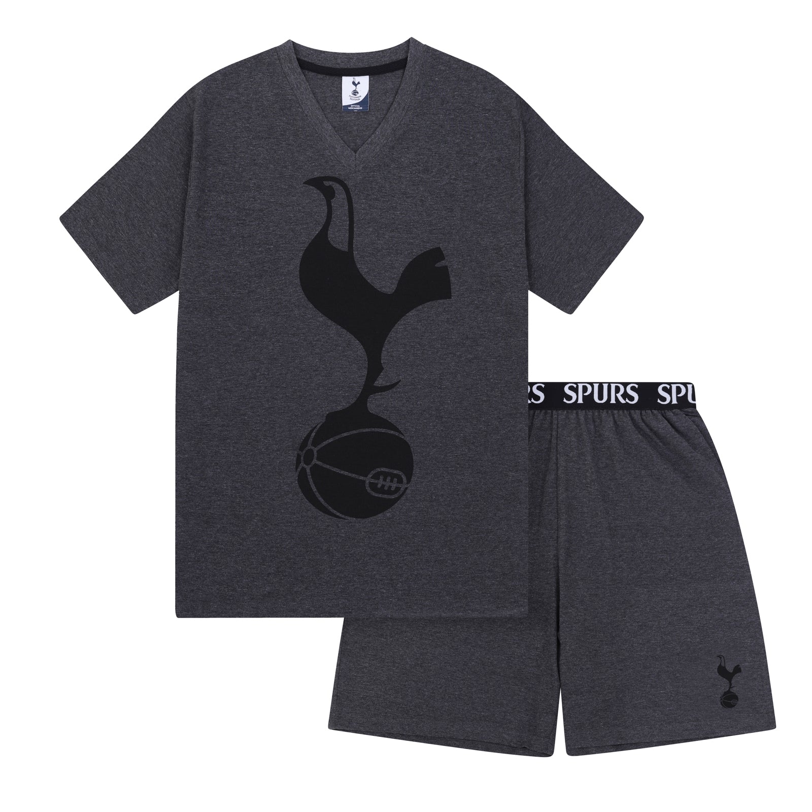 Spurs adults short pyjama set in grey with a short sleeve t-shirt & graphic and shorts with logo to the left leg.