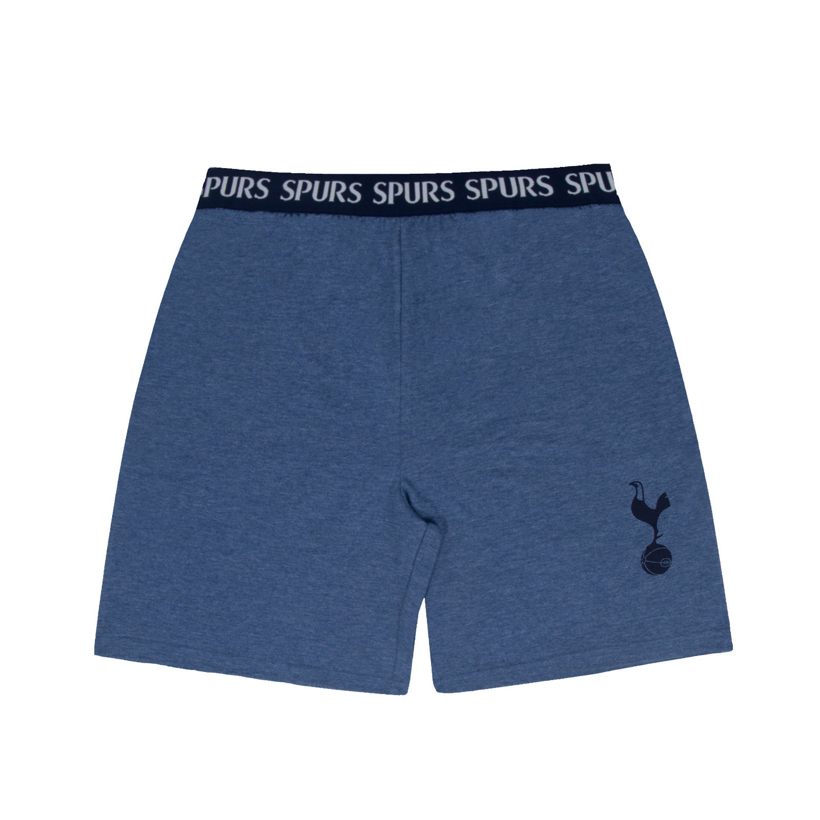 Spurs adults pyjama set in navy marl with a short sleeve t-shirt & graphic and shorts with club logo to the leg.