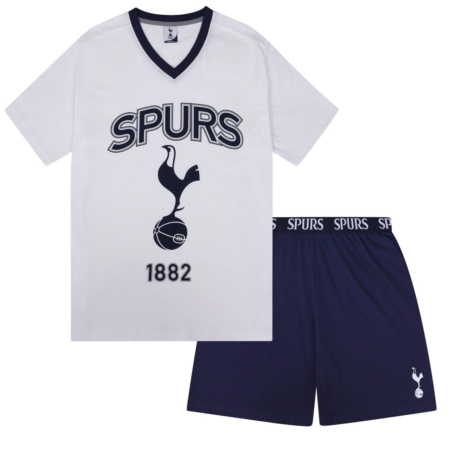 Spurs adults short pyjama set in white with a short sleeve t-shirt & graphic and shorts with logo to the left leg.