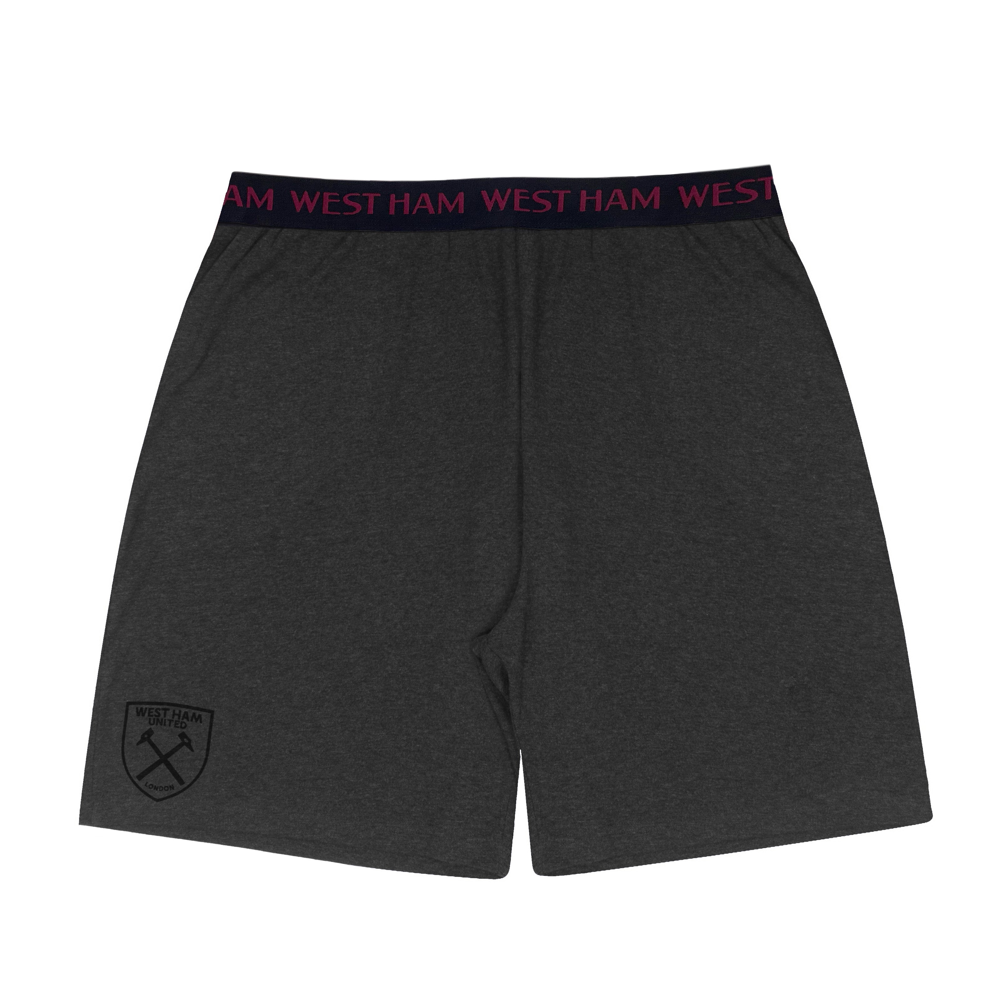 West Ham adults short pyjama set in claret with a short sleeve t-shirt & graphic. Shorts with logo to the left leg.