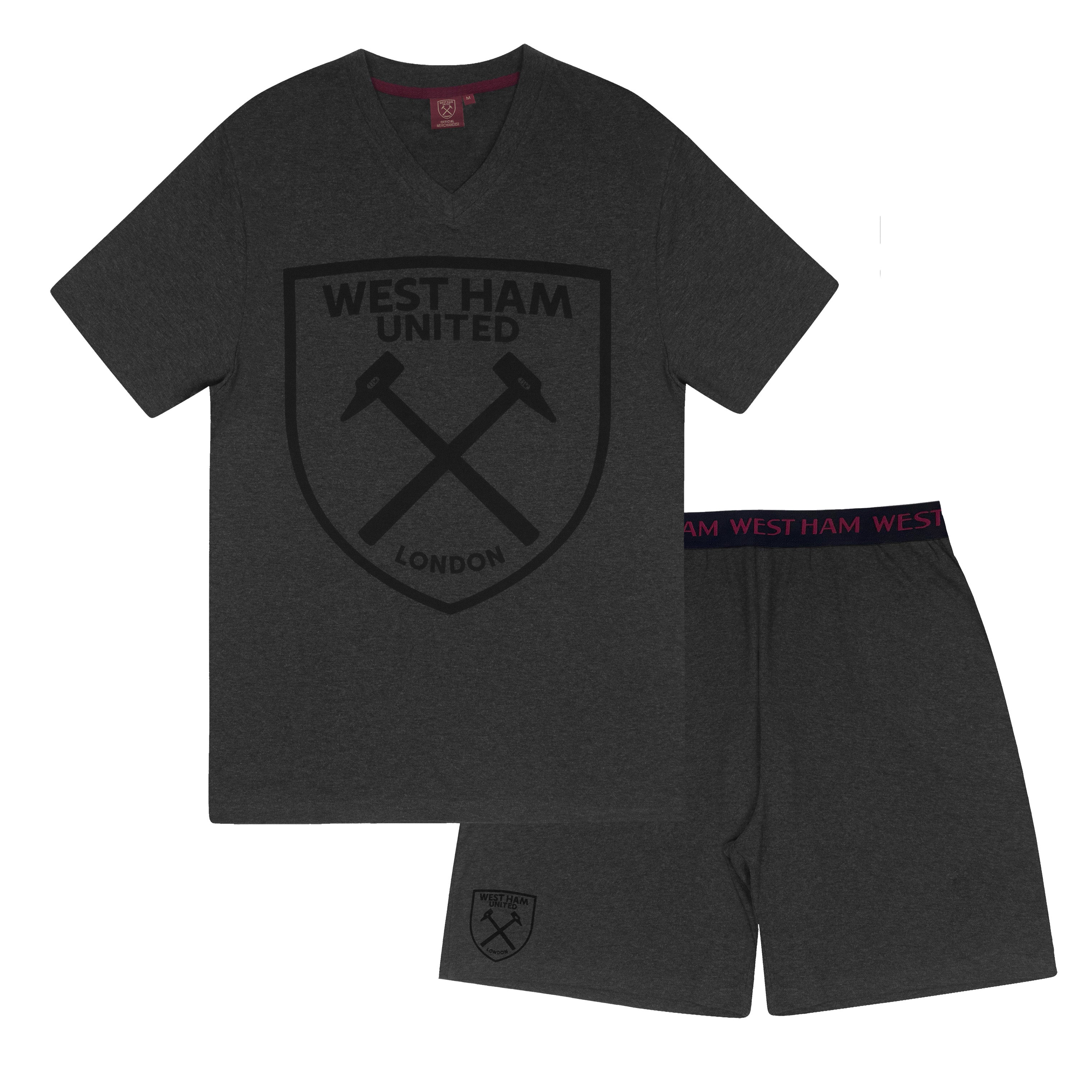 West Ham adults short pyjama set in claret with a short sleeve t-shirt & graphic. Shorts with logo to the left leg.