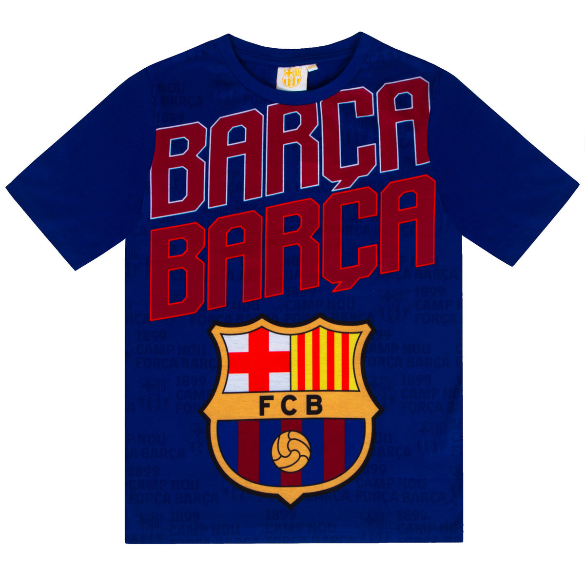 FC Barcelona kids short pyjamas in reflex blue. Short sleeve top with graphic club crest and shorts with crest to the leg