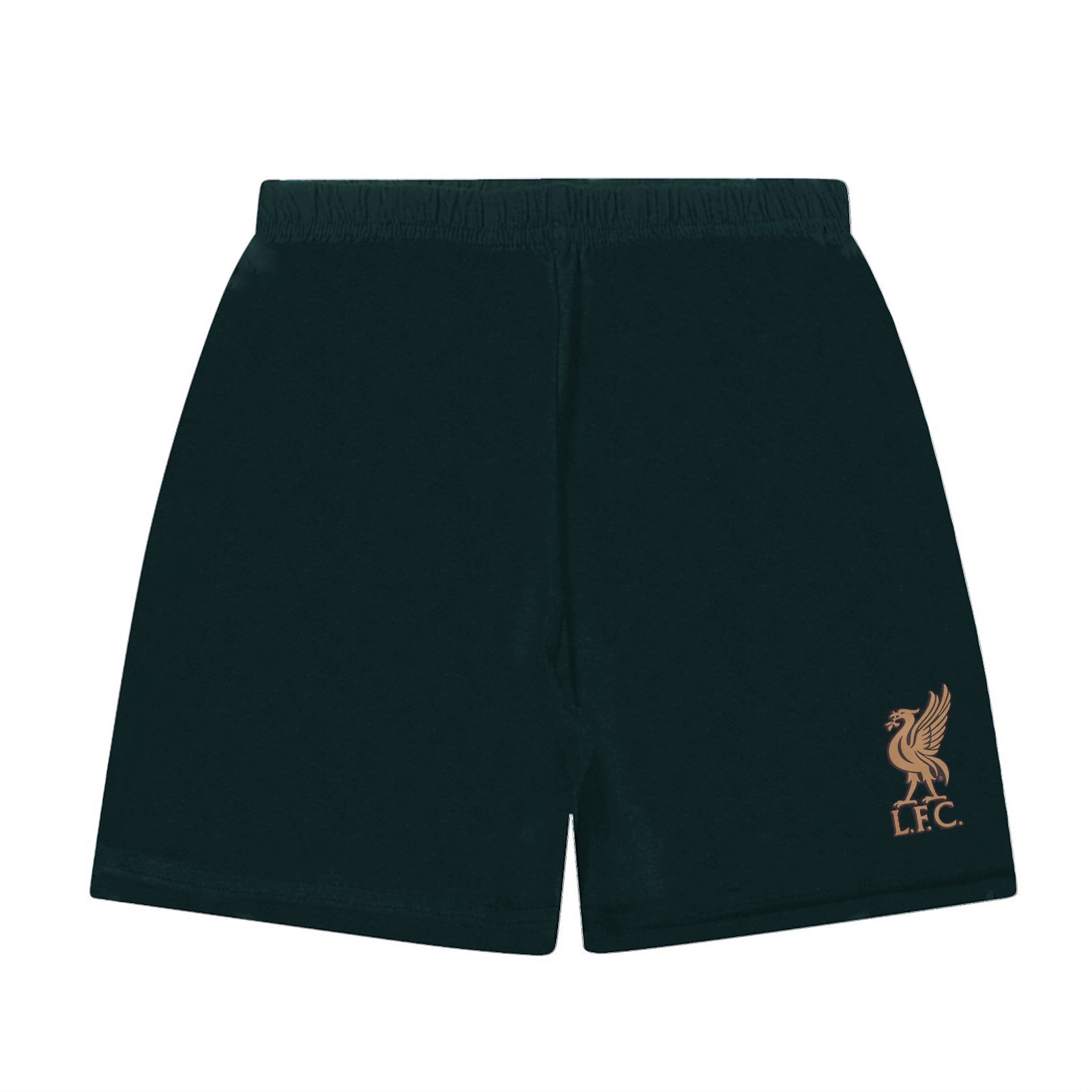 Liverpool kids pyjamas in black. Short sleeve top with graphic and shorts with logo to the left leg