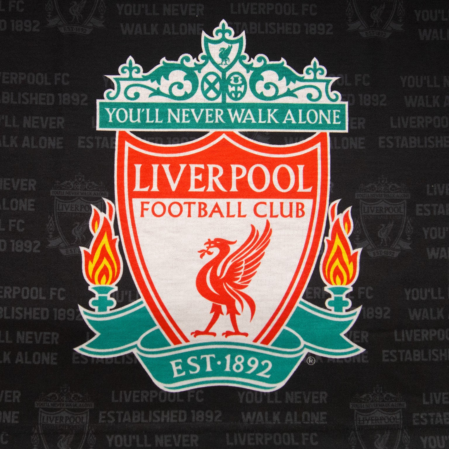 Liverpool kids pyjamas in black. Short sleeve top with graphic and shorts with logo to the left leg