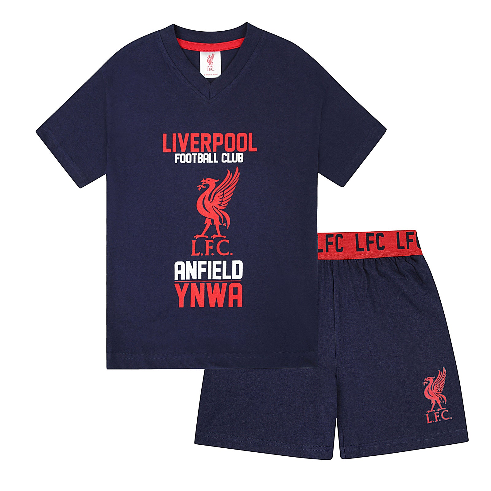 Liverpool kids pyjamas in navy. Short sleeve top with graphic and shorts with logo to the left leg