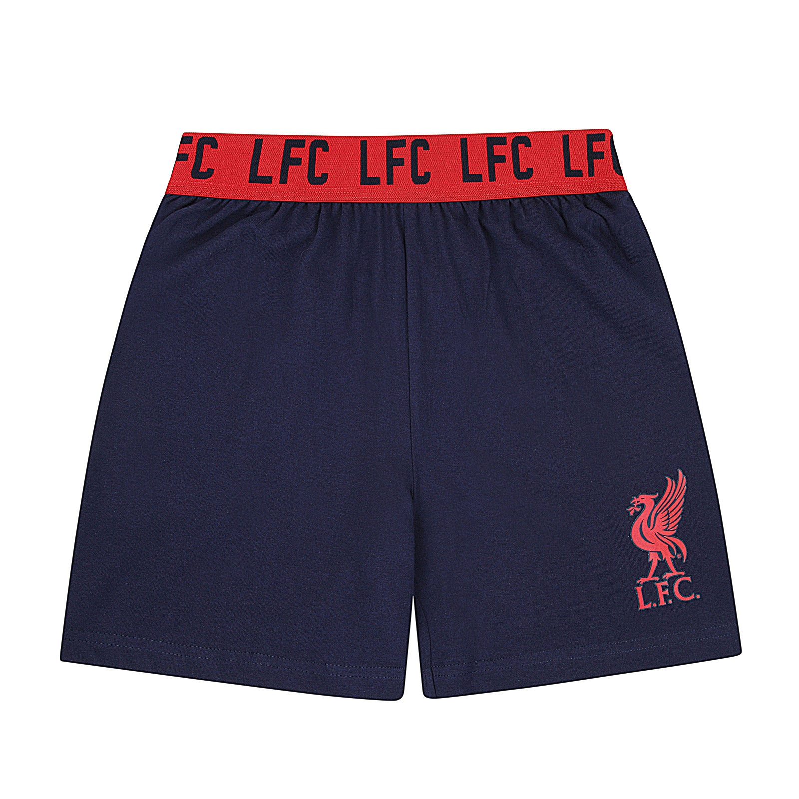 Liverpool kids pyjamas in navy. Short sleeve top with graphic and shorts with logo to the left leg