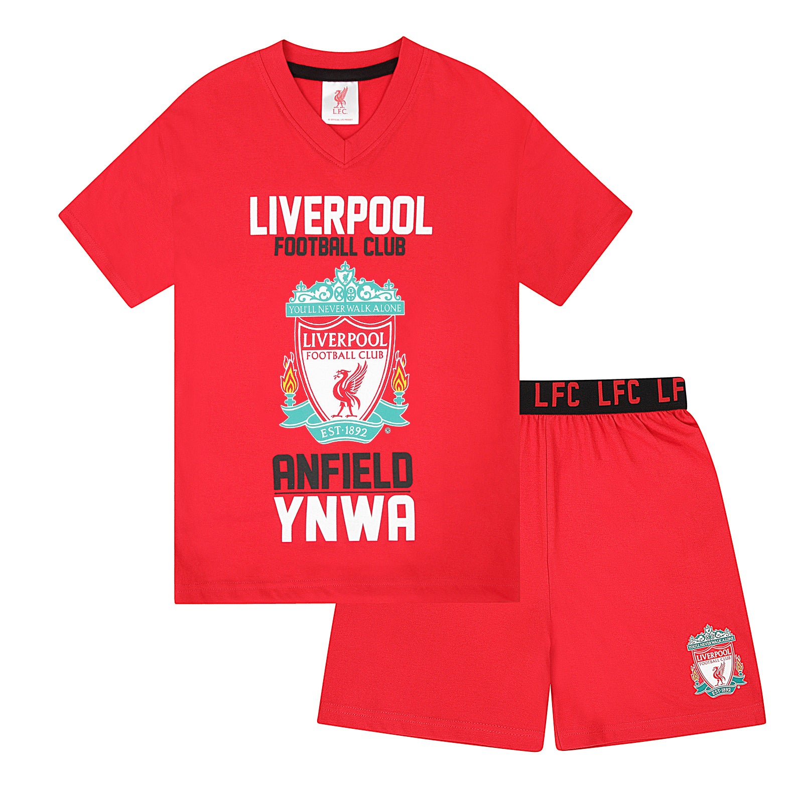 Liverpool kids pyjamas in red. Short sleeve top with graphic and shorts with logo to the left leg