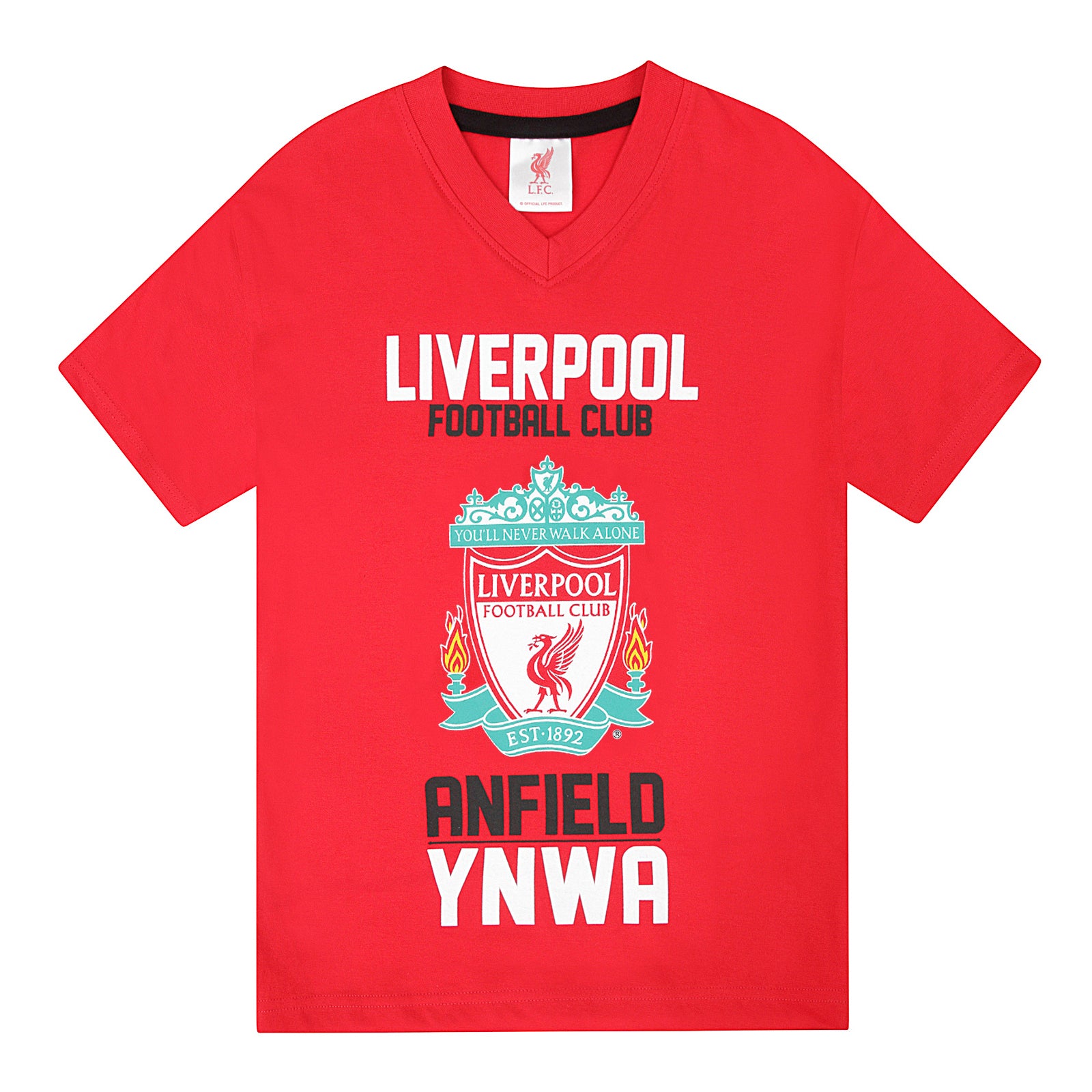Liverpool kids pyjamas in red. Short sleeve top with graphic and shorts with logo to the left leg