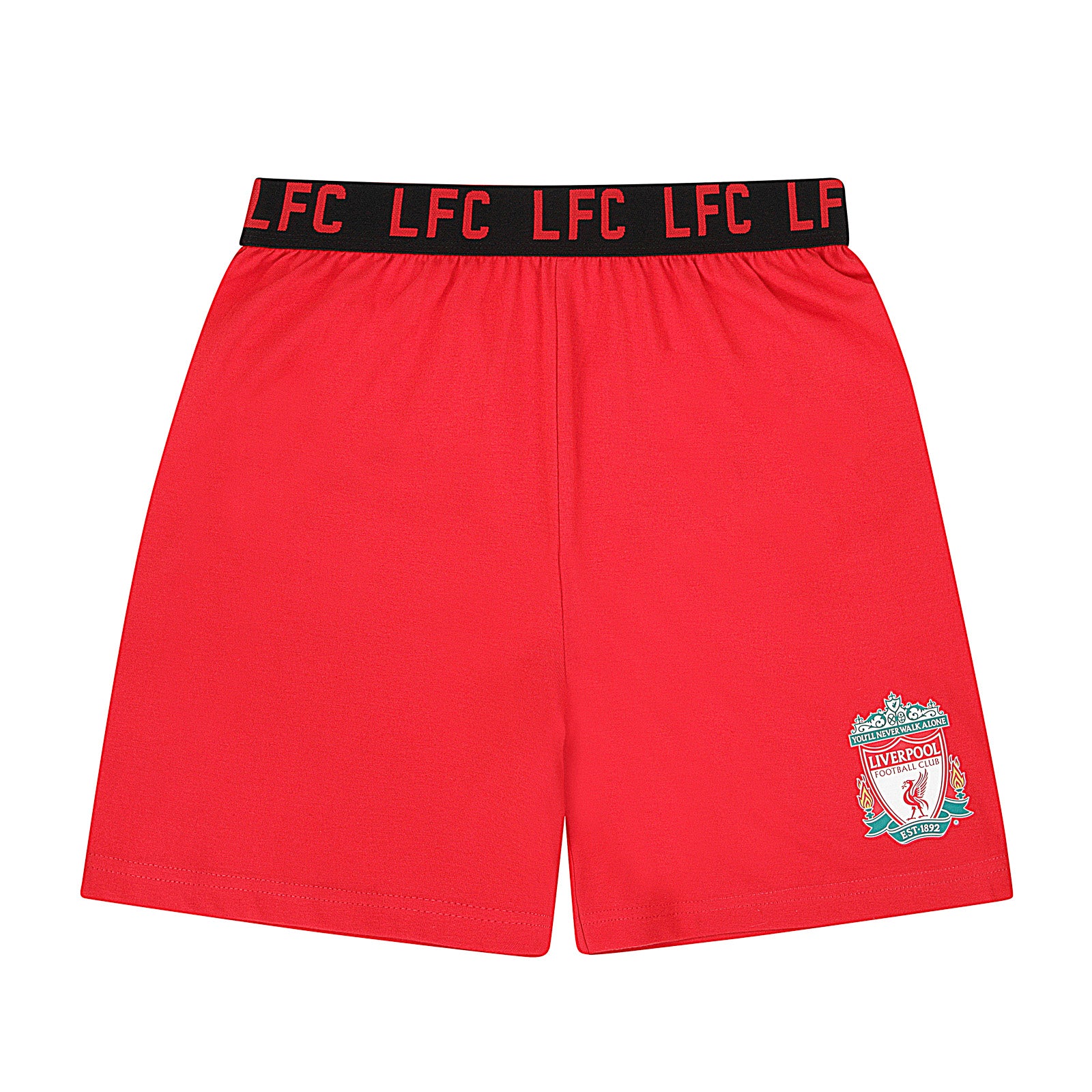 Liverpool kids pyjamas in red. Short sleeve top with graphic and shorts with logo to the left leg