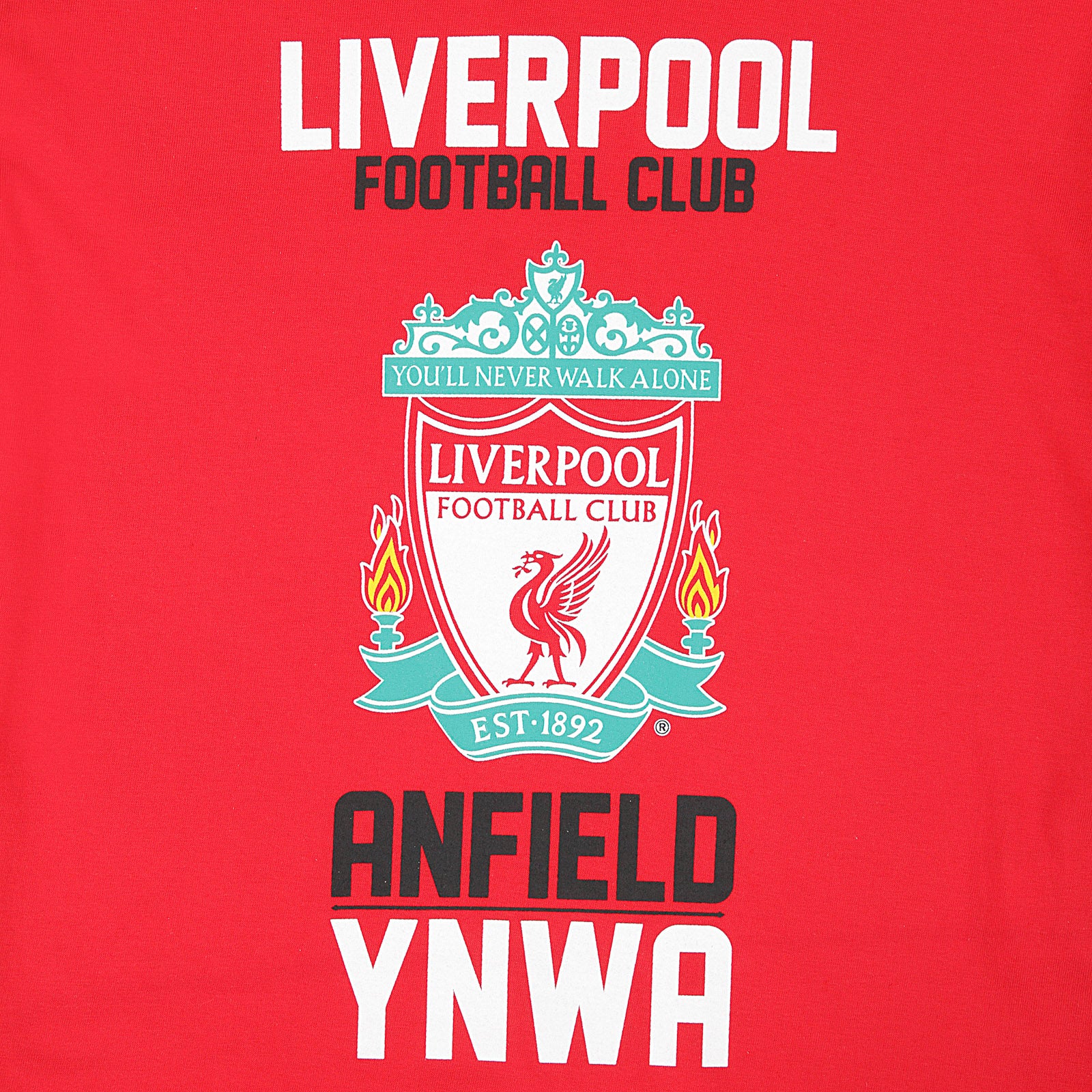 Liverpool kids pyjamas in red. Short sleeve top with graphic and shorts with logo to the left leg