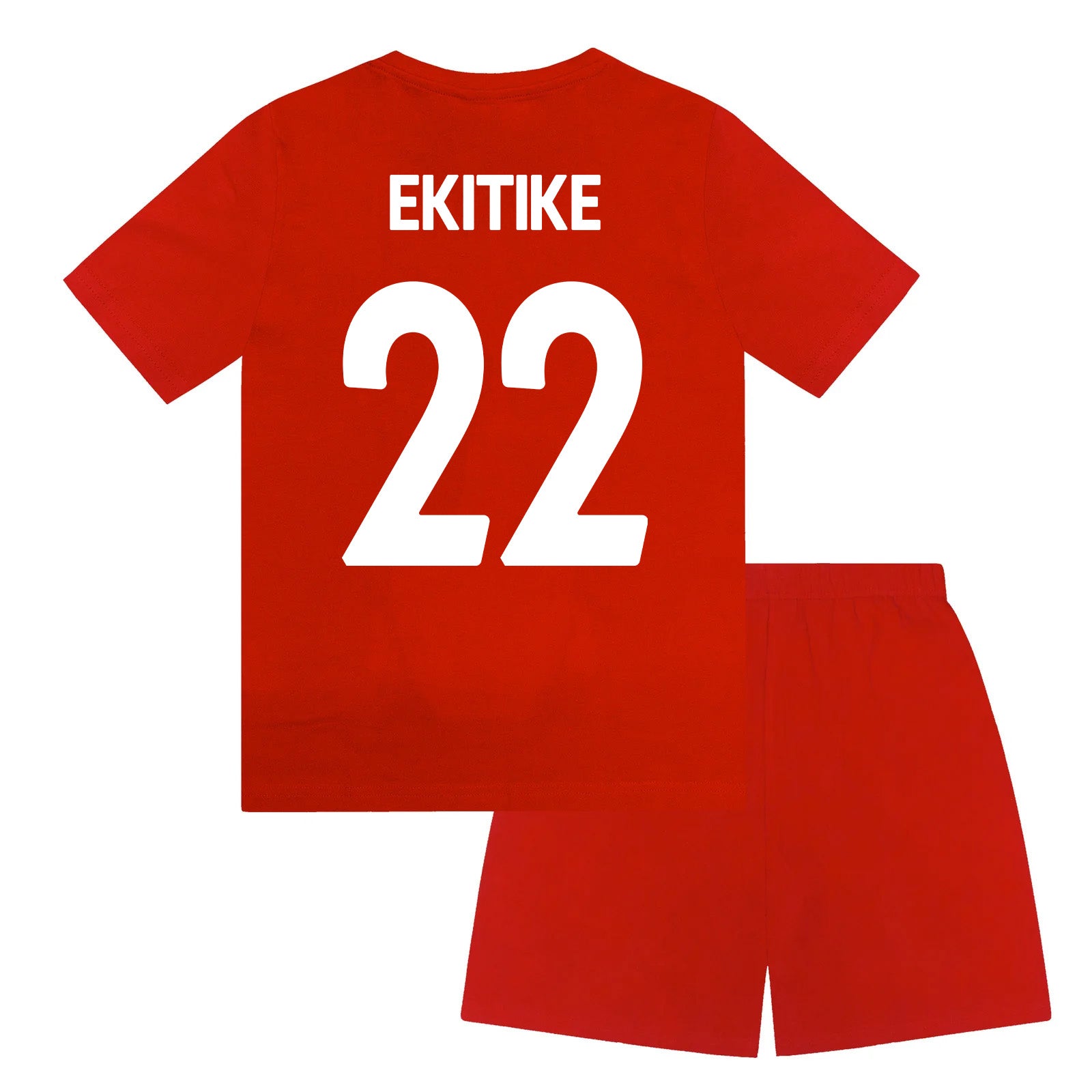 Liverpool kids pyjamas in red. Short sleeve top with graphic and shorts with logo to the left leg