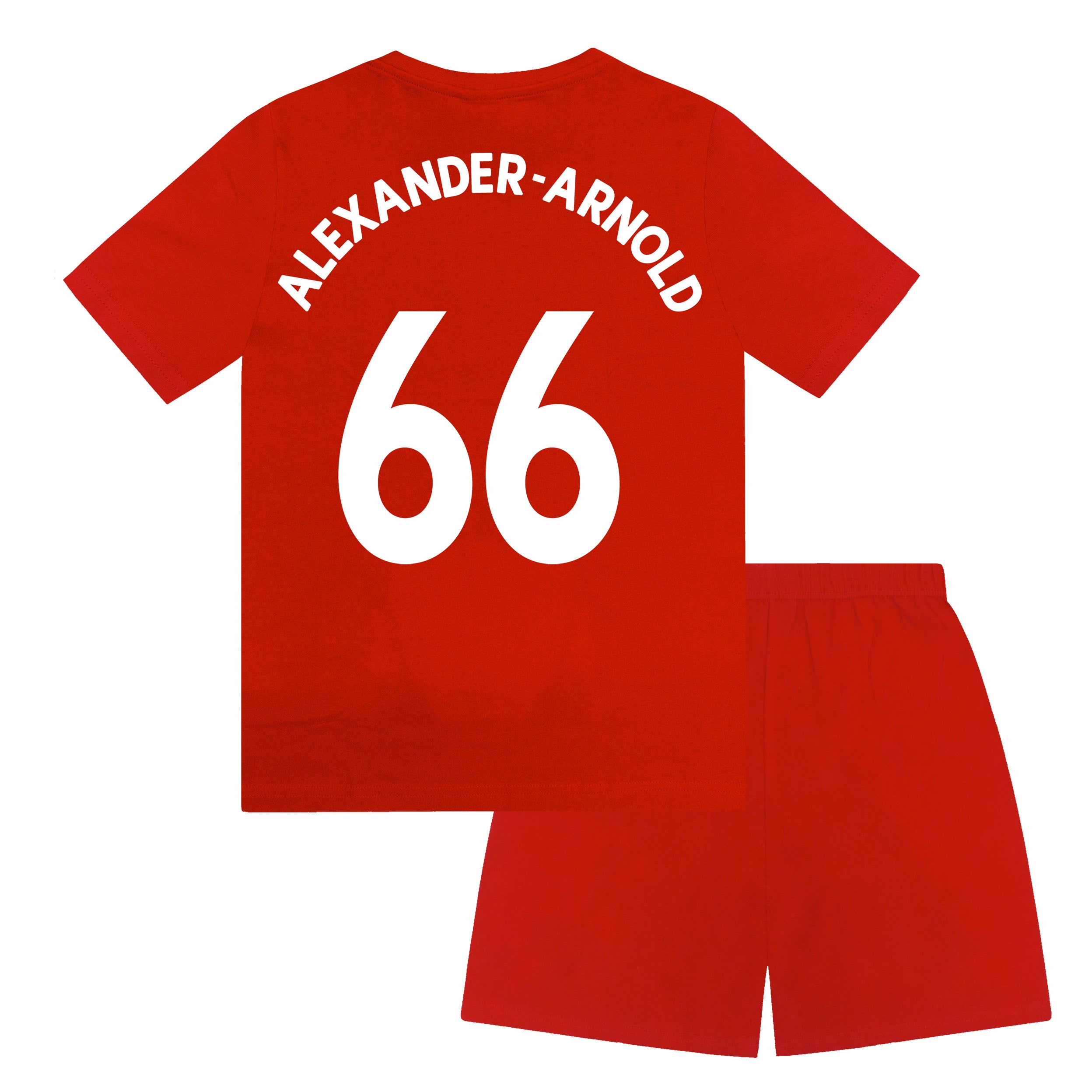 Liverpool kids pyjamas in red. Short sleeve top with graphic and shorts with logo to the left leg