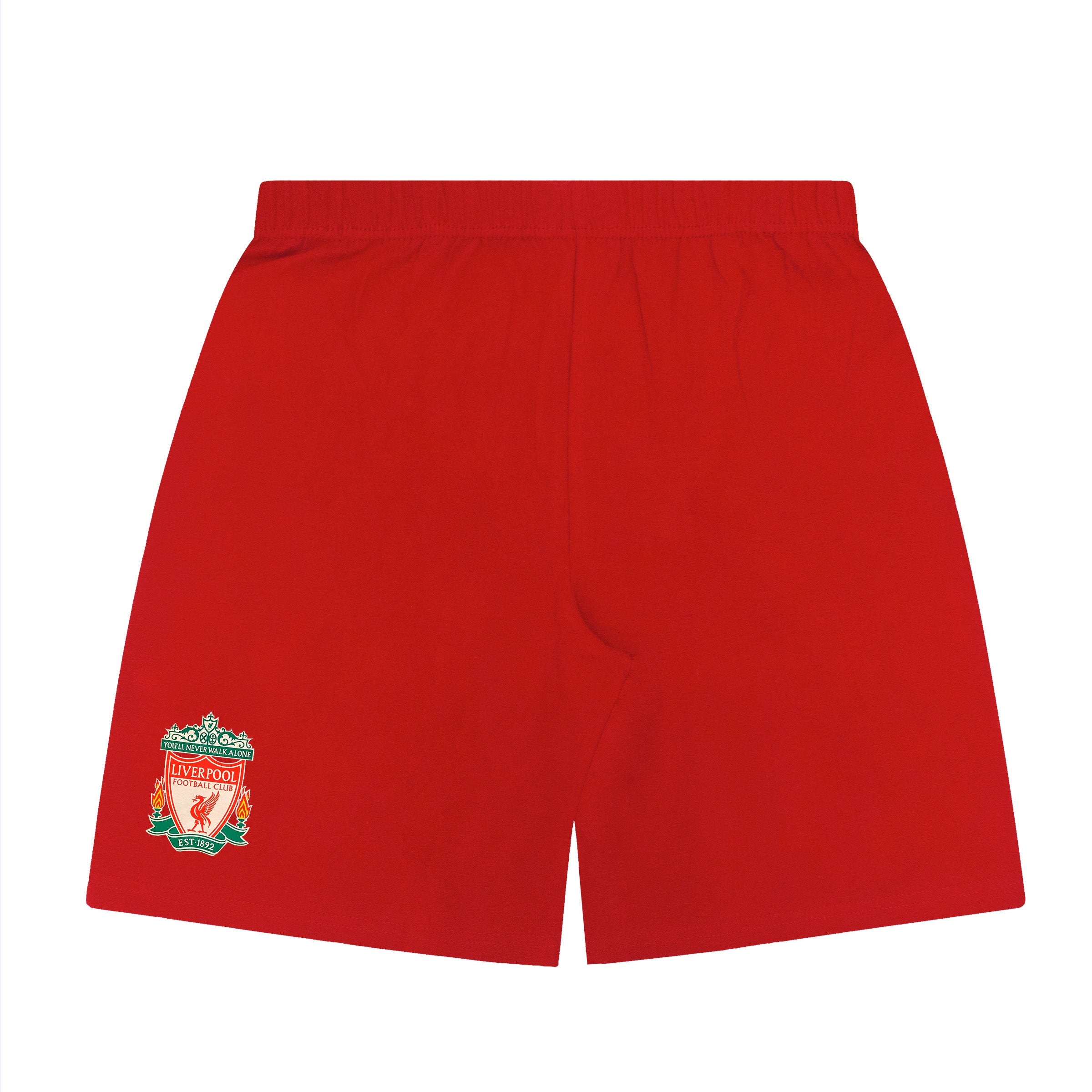 Liverpool kids pyjamas in red. Short sleeve top with graphic and shorts with logo to the left leg