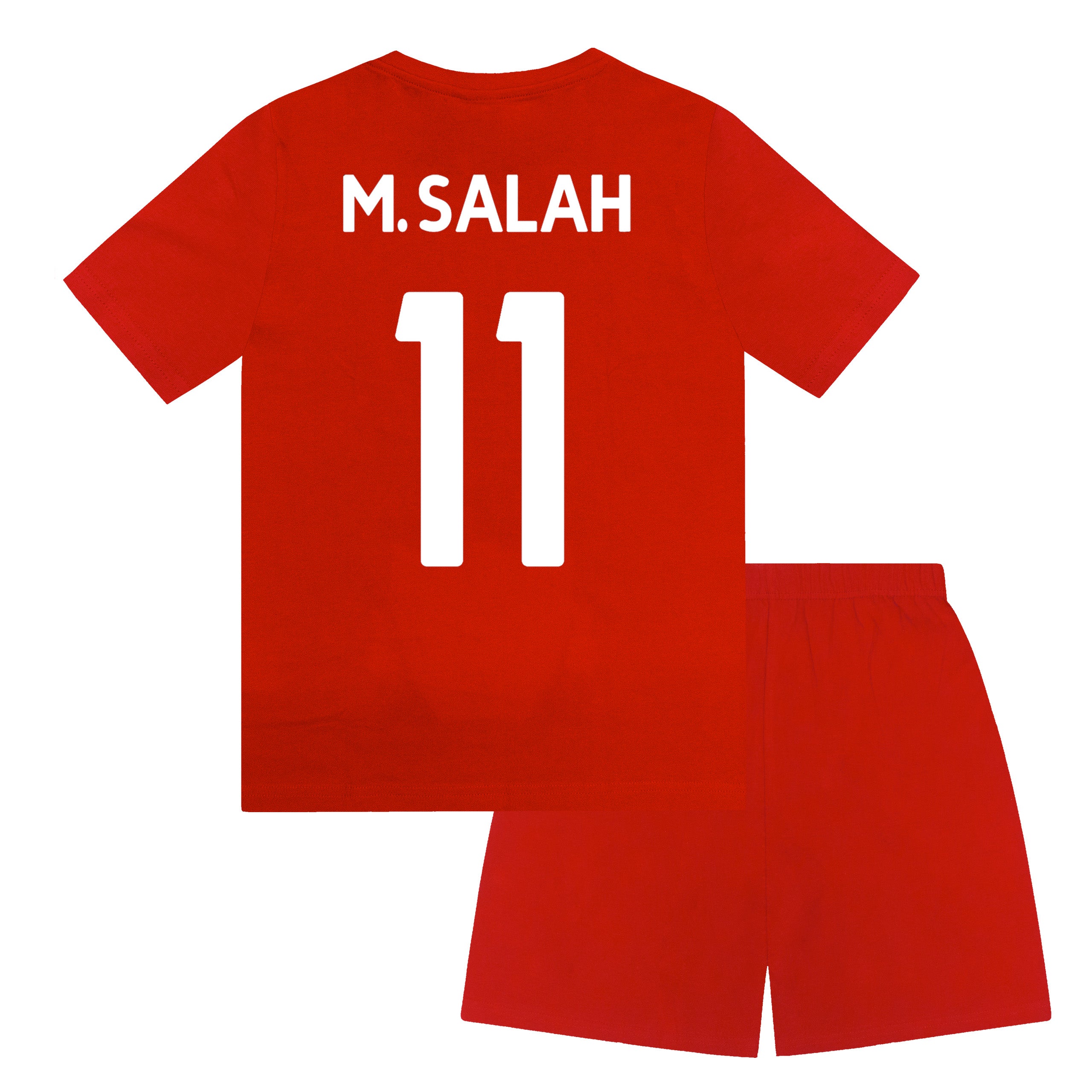 Liverpool kids pyjamas in red. Short sleeve top with graphic and shorts with logo to the left leg