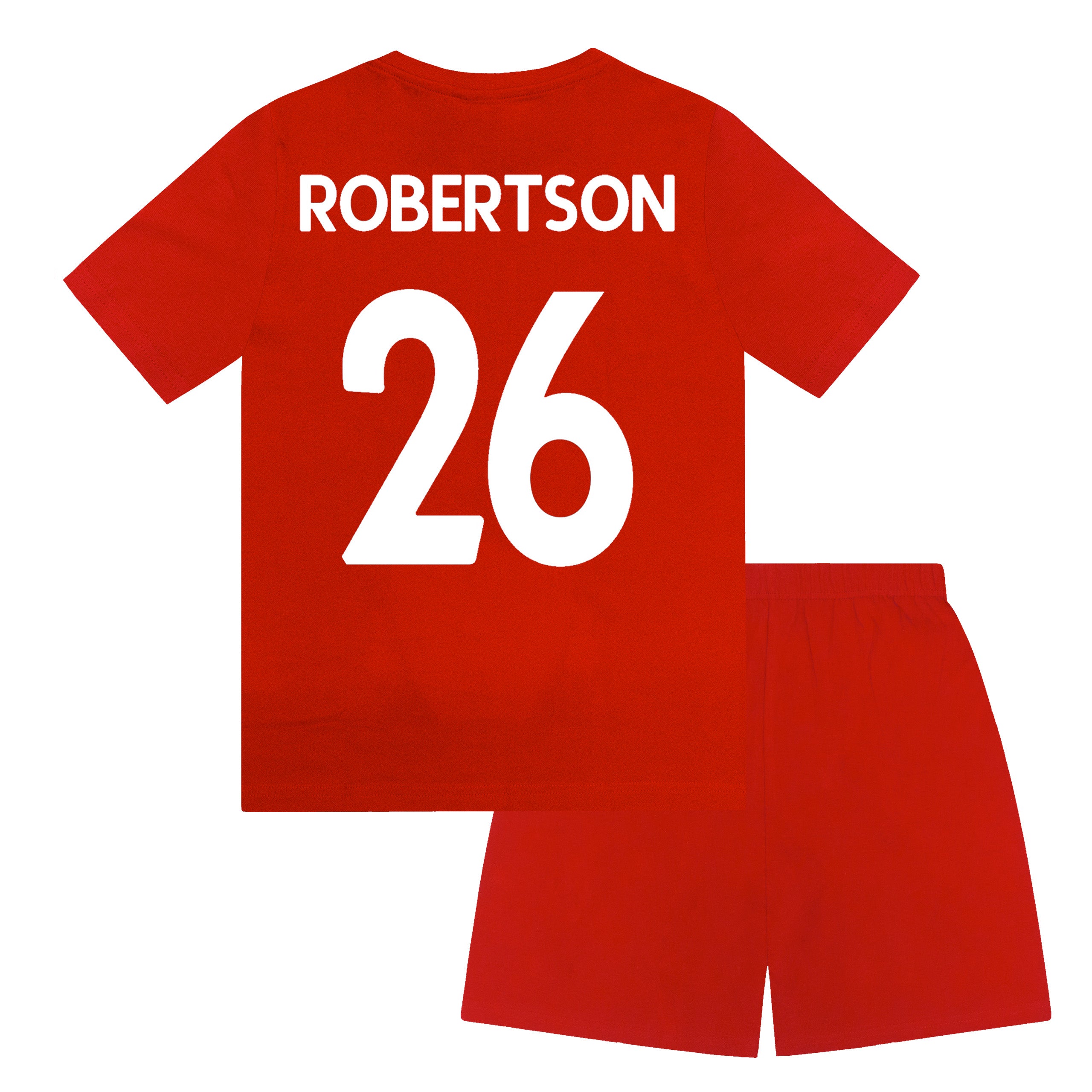 Liverpool kids pyjamas in red. Short sleeve top with graphic and shorts with logo to the left leg