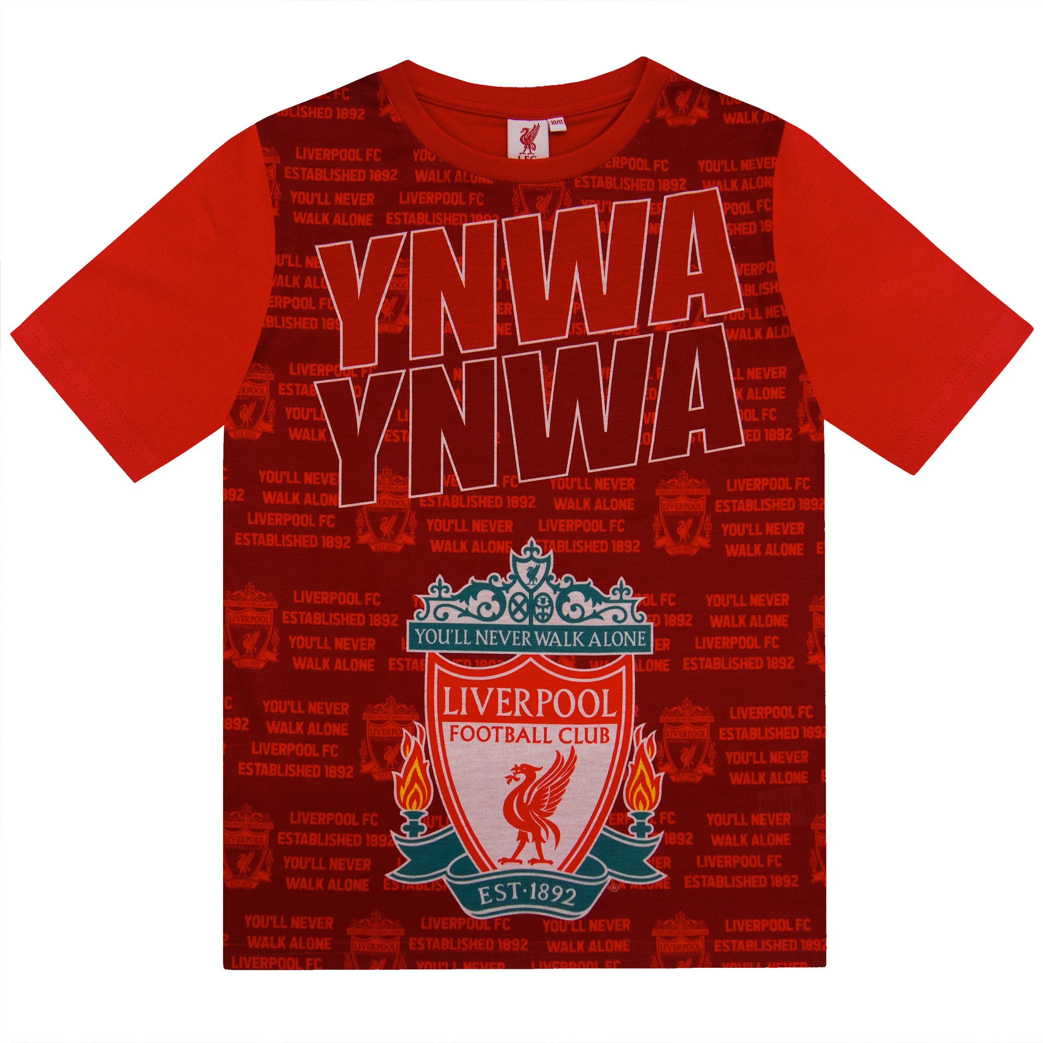 Liverpool kids pyjamas in red. Short sleeve top with graphic and shorts with logo to the left leg
