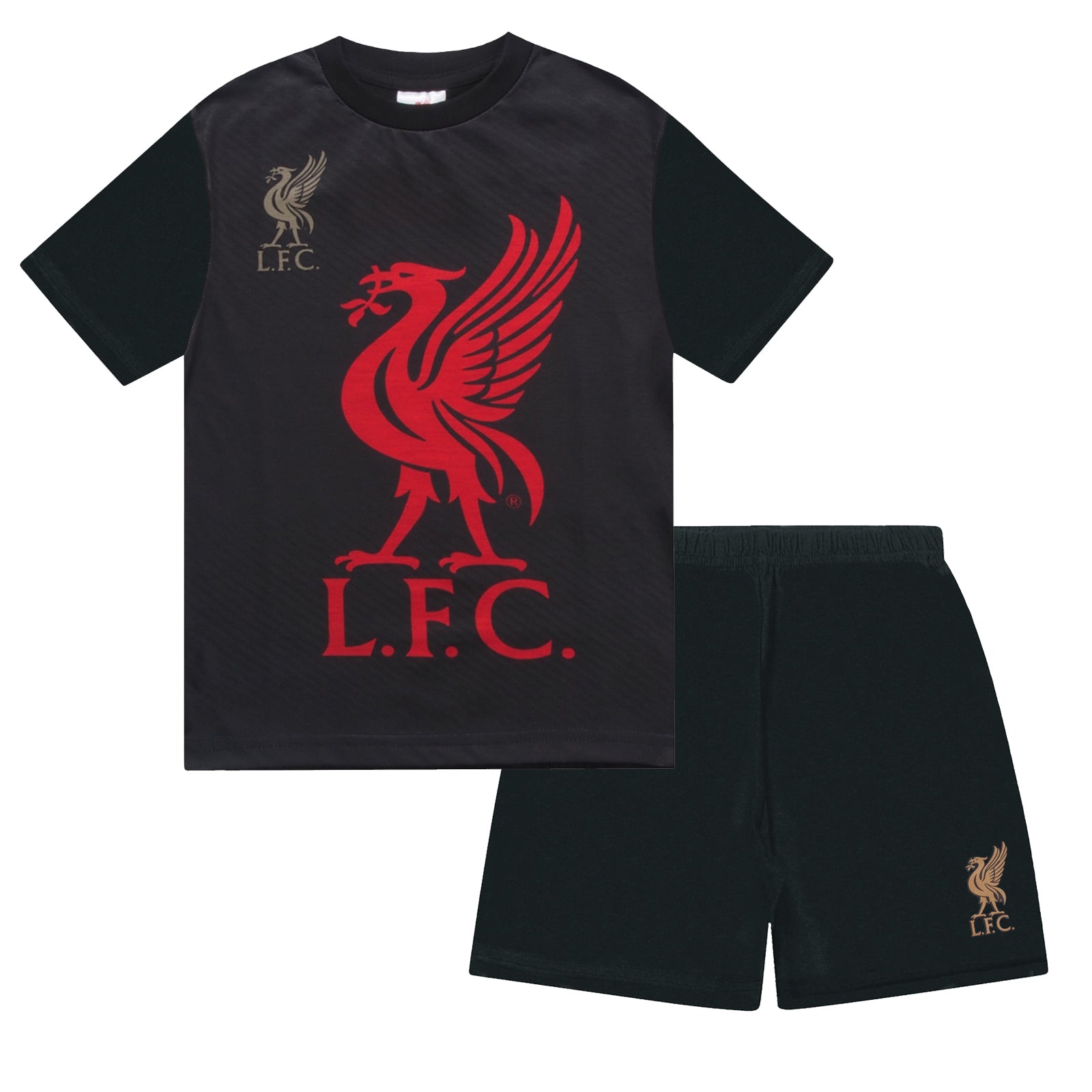 Liverpool kids pyjamas in black. Short sleeve top with graphic and shorts with logo to the left leg