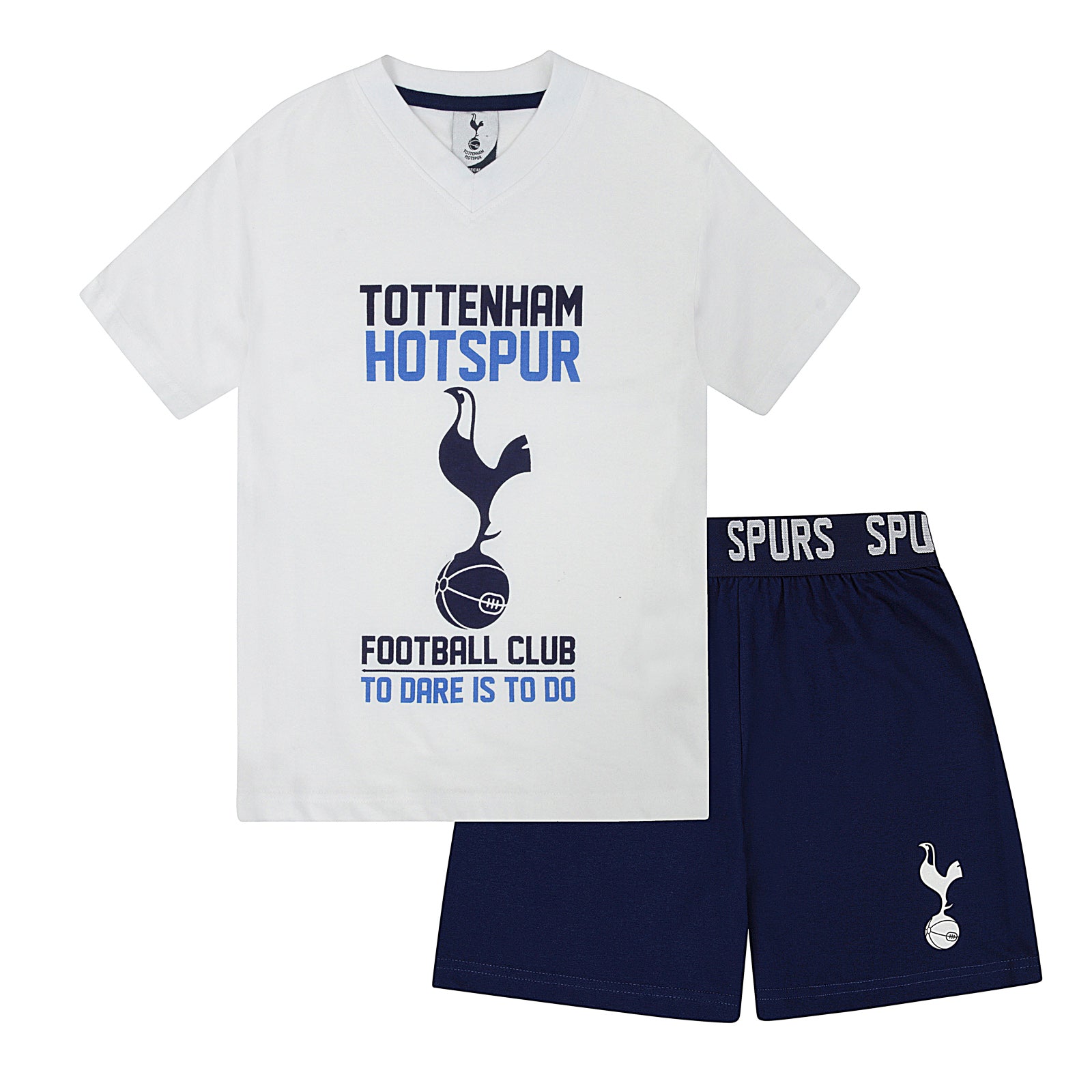 Spurs kids short pyjamas in white. Short sleeve top with branded graphic and shorts with crest to the left leg