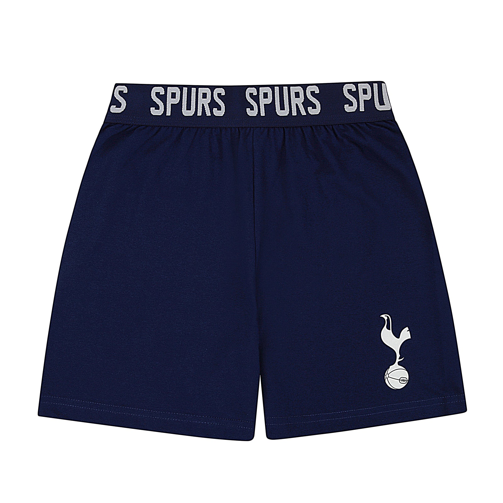 Spurs kids short pyjamas in white. Short sleeve top with branded graphic and shorts with crest to the left leg